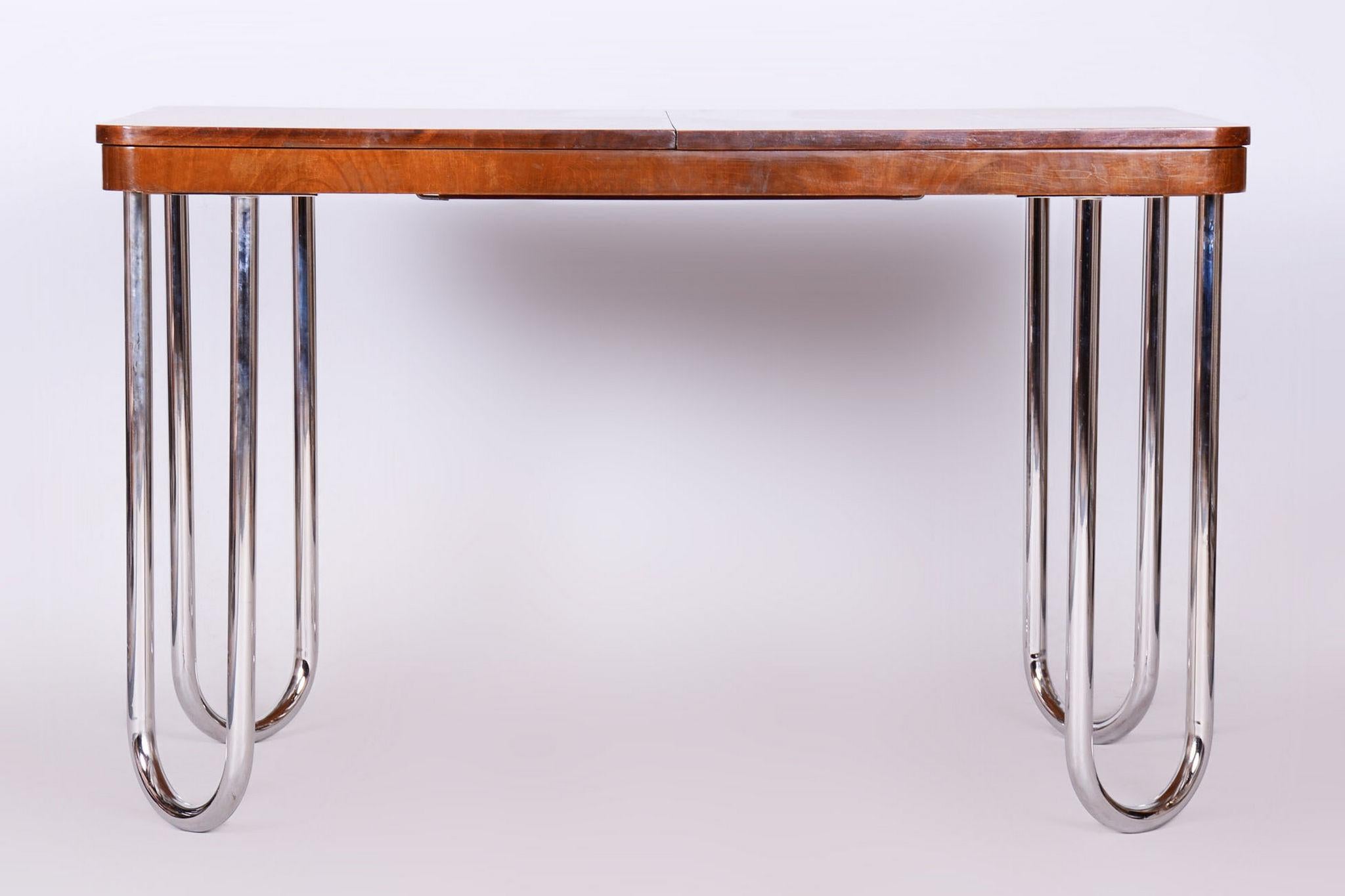 Art Deco Czech Bauhaus Chrome Folding Dining Table by Halabala, 1930s, Restored, Walnut For Sale