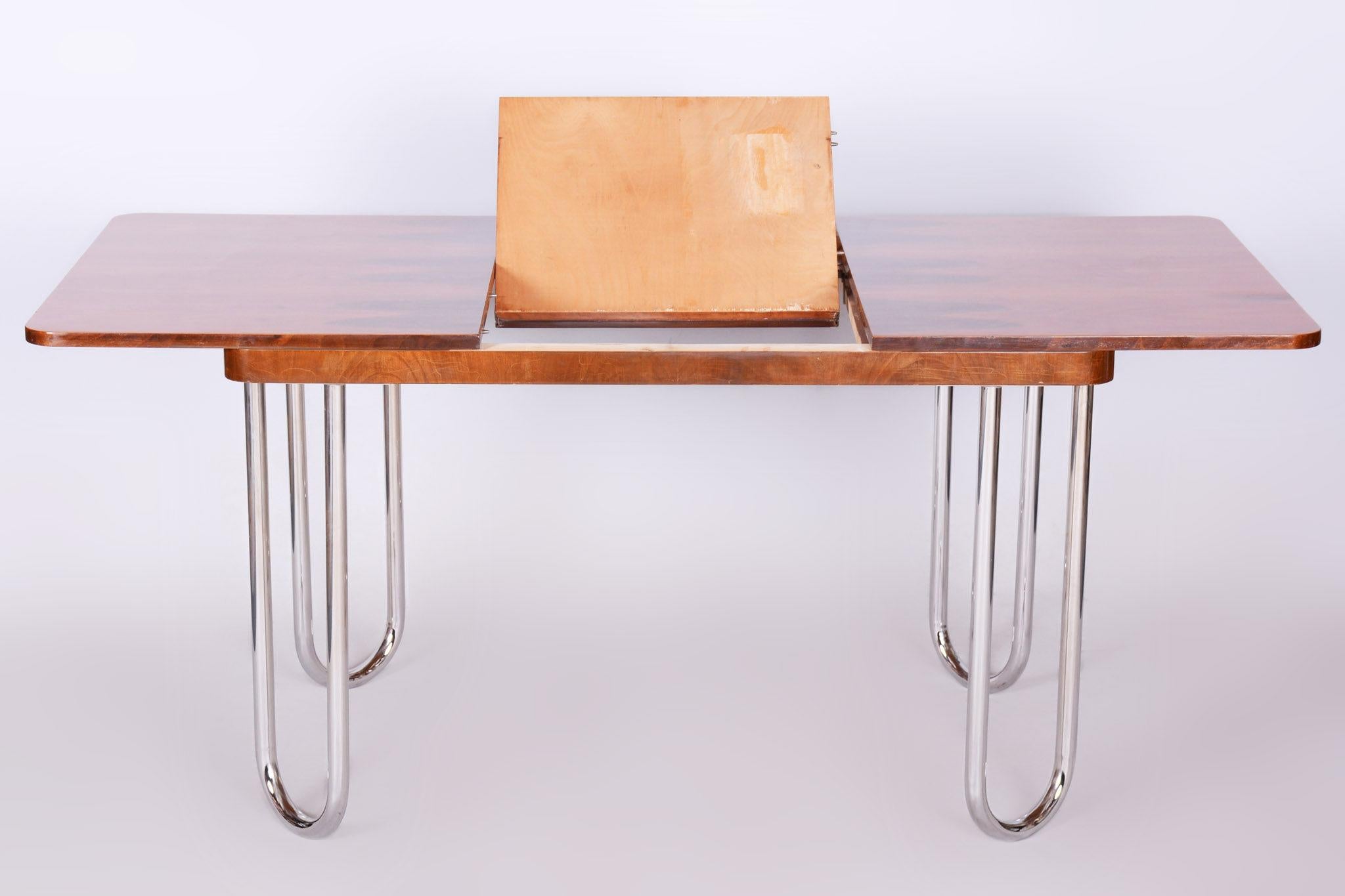 20th Century Czech Bauhaus Chrome Folding Dining Table by Halabala, 1930s, Restored, Walnut For Sale