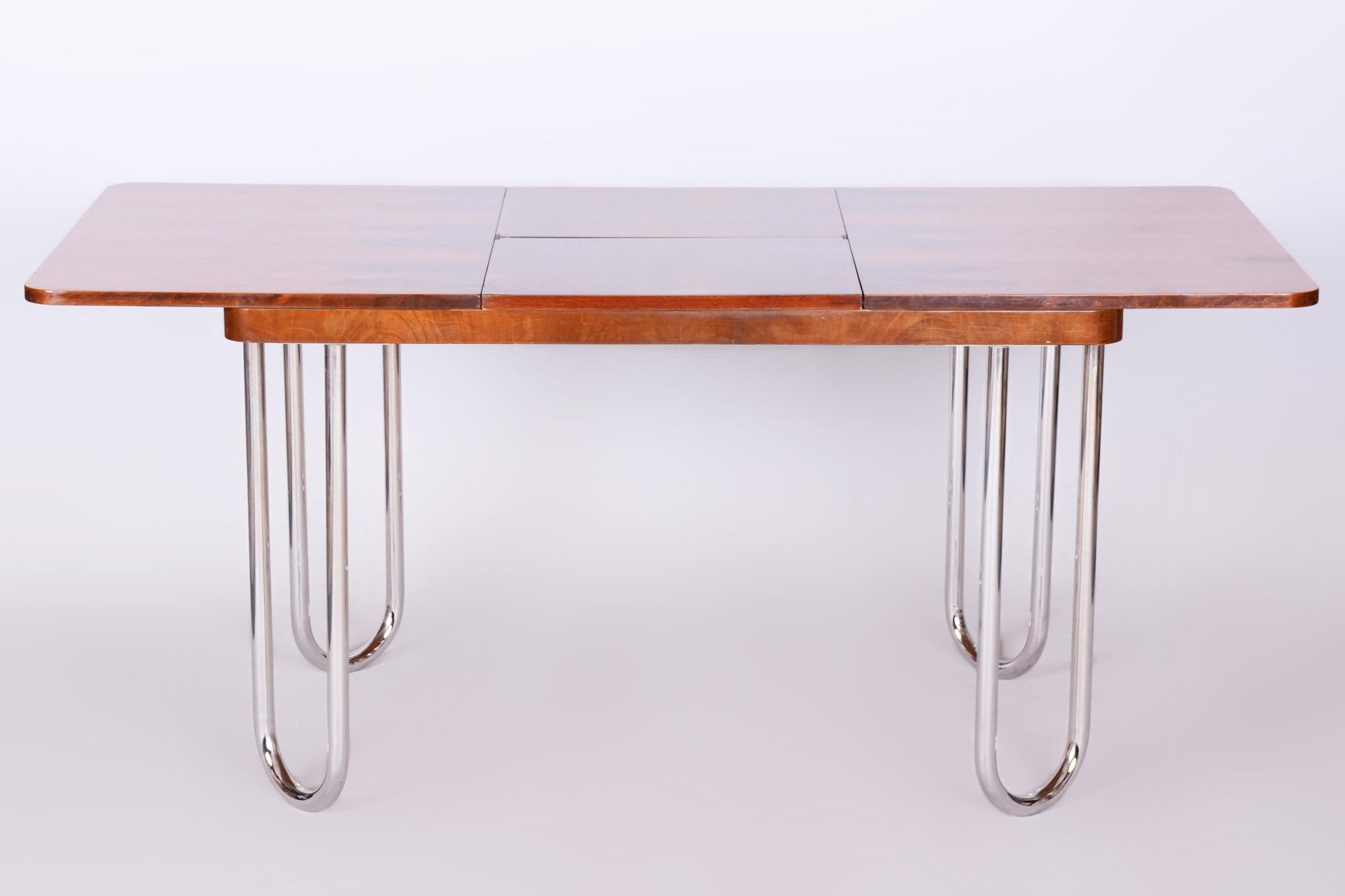 Czech Bauhaus Chrome Folding Dining Table by Halabala, 1930s, Restored, Walnut For Sale 1