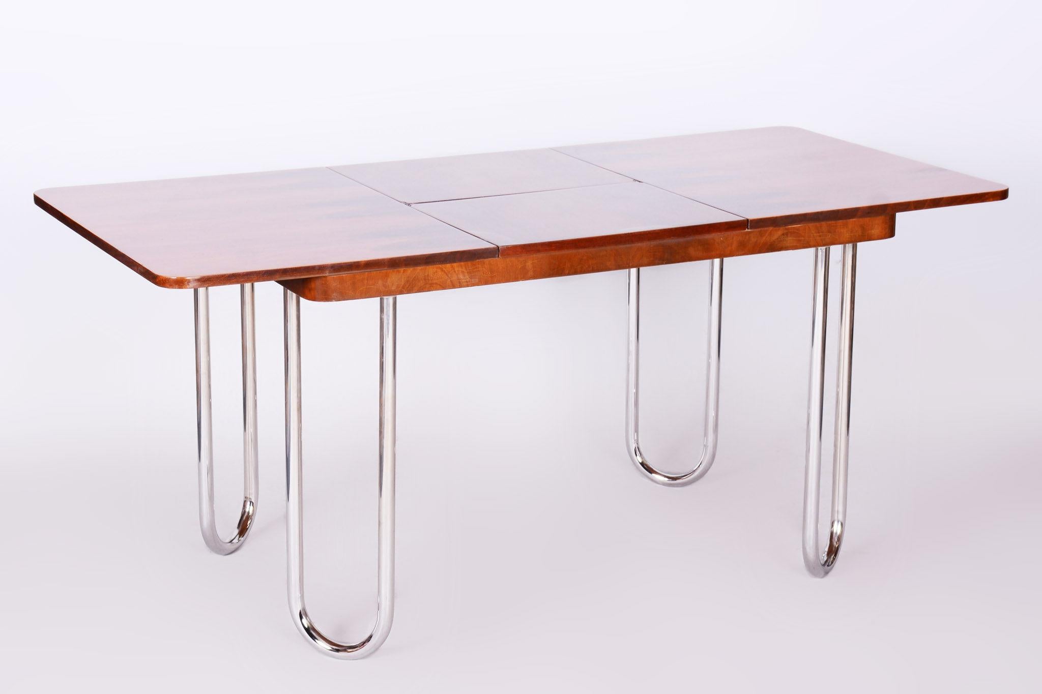 Czech Bauhaus Chrome Folding Dining Table by Halabala, 1930s, Restored, Walnut For Sale 2