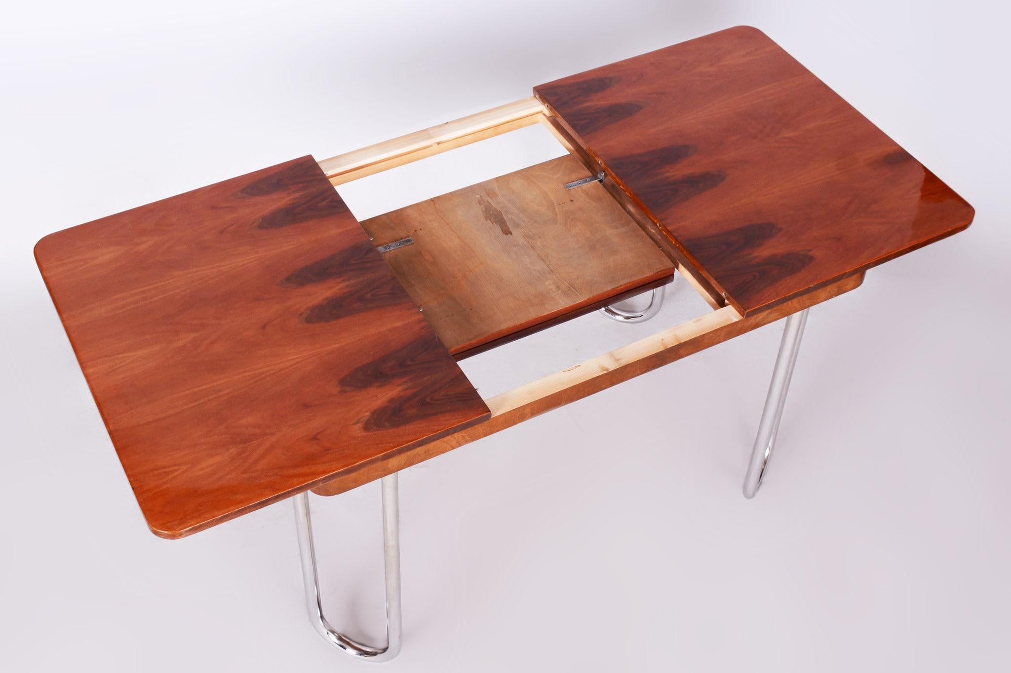 Czech Bauhaus Chrome Folding Dining Table by Halabala, 1930s, Restored, Walnut For Sale 4