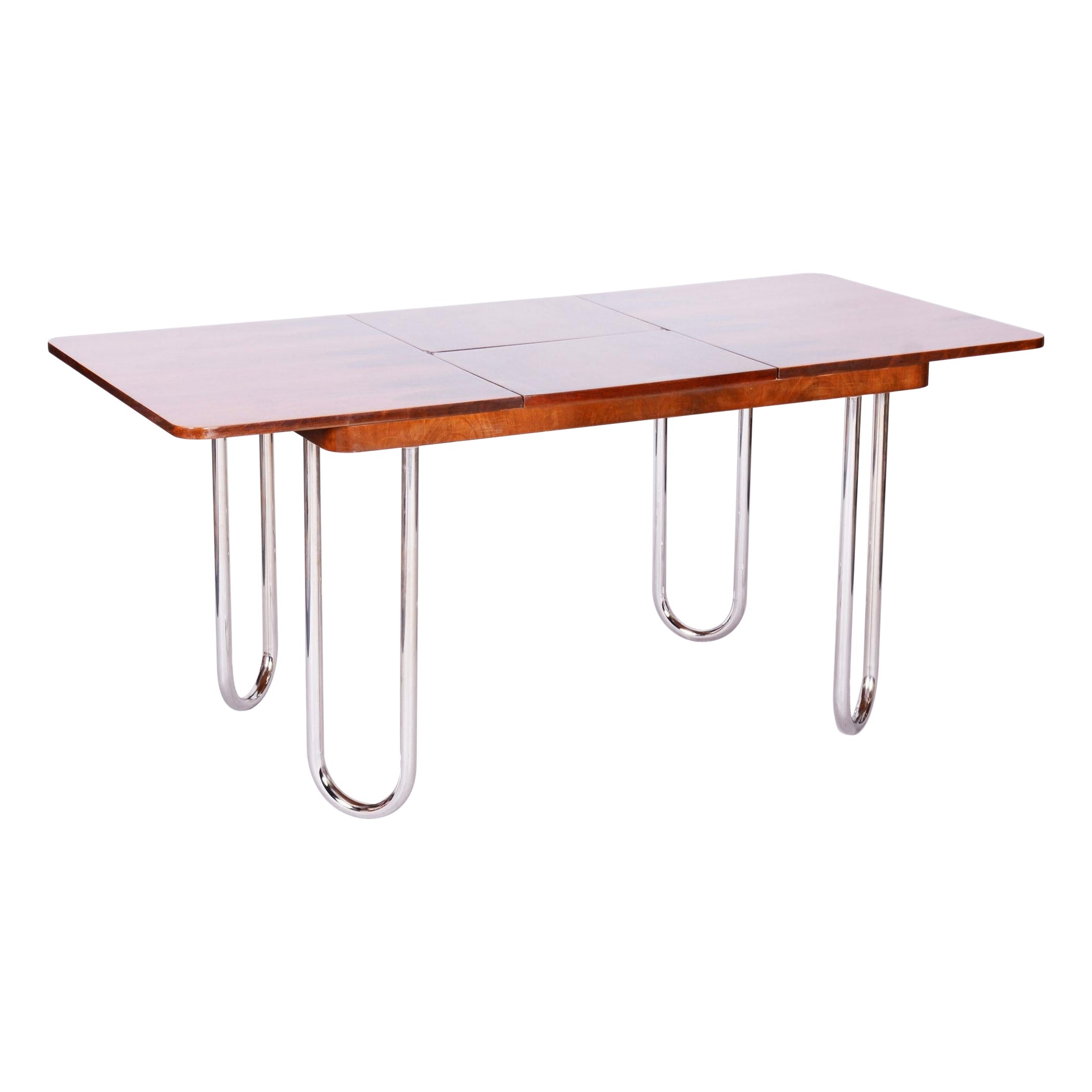 Czech Bauhaus Chrome Folding Dining Table by Halabala, 1930s, Restored, Walnut