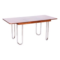 Czech Bauhaus Chrome Folding Dining Table by Halabala, 1930s, Restored, Walnut