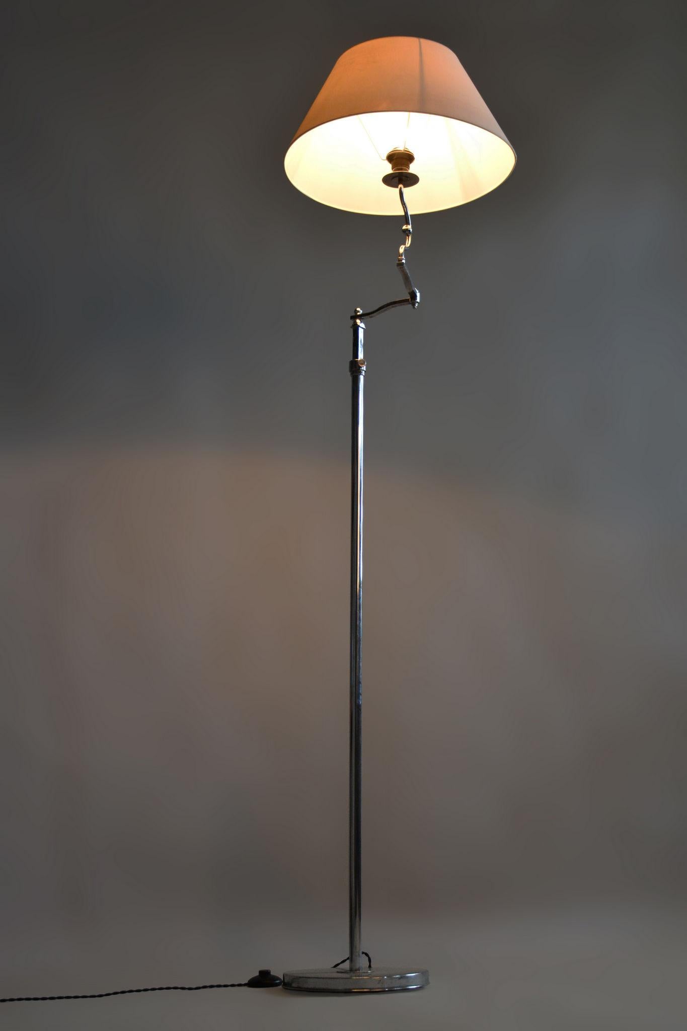 Czech Bauhaus Floor Lamp, Textile Lamp Shade, Chrom-Plated Steel, 1920s For Sale 6