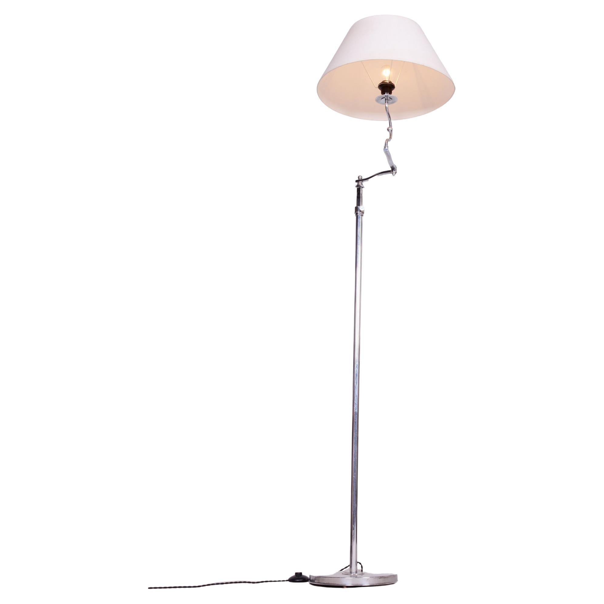 Czech Bauhaus Floor Lamp, Textile Lamp Shade, Chrom-Plated Steel, 1920s For Sale