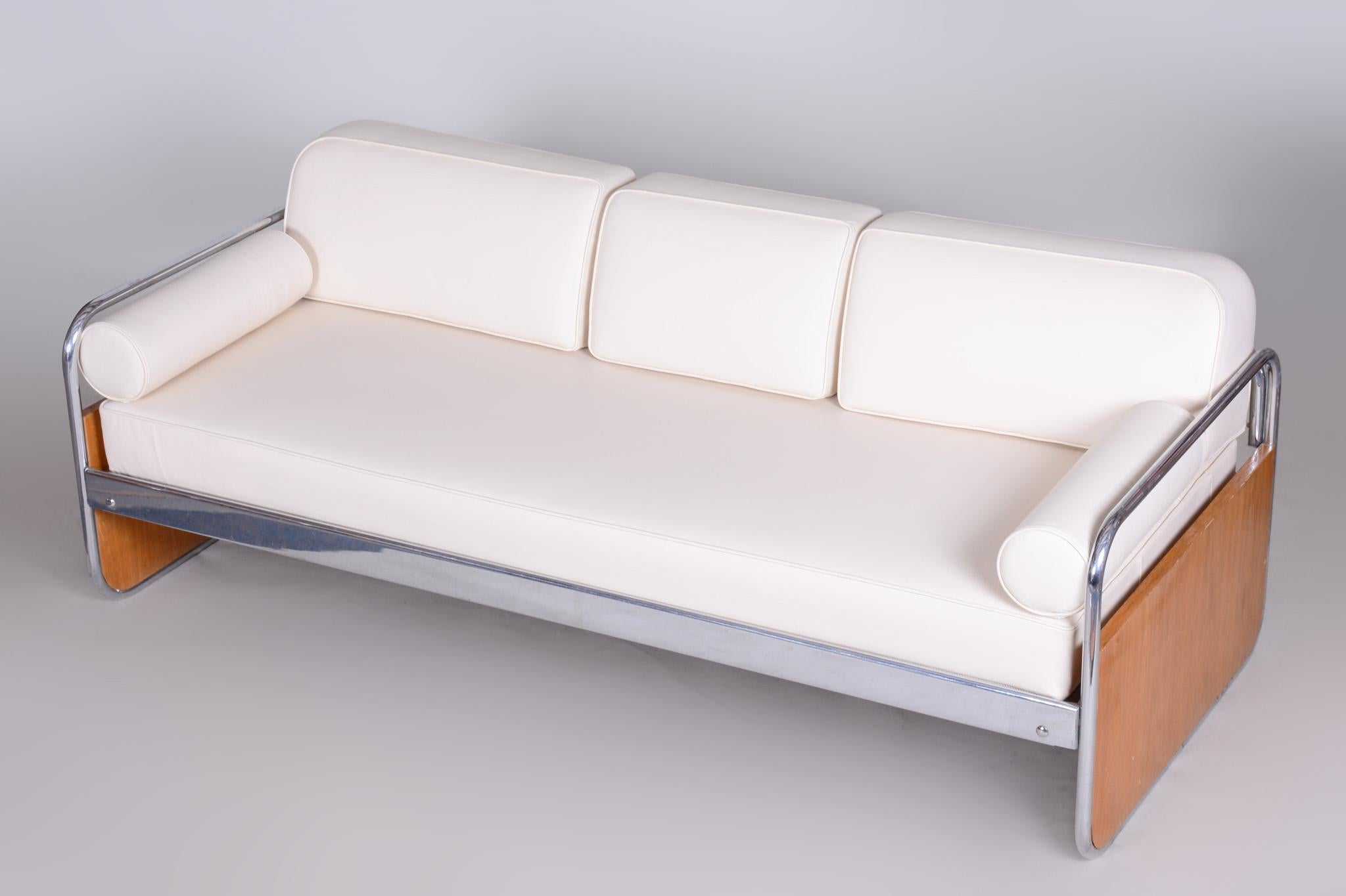 Tschechisches Bauhaus-Sofa aus elfenbeinfarbenem Chromrohr von Hynek Gottwald, Neupolsterung, 1930er Jahre (Leder) im Angebot