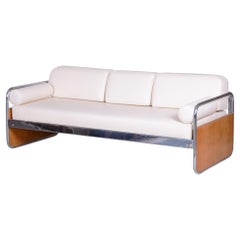 Antique Czech Bauhaus Ivory Tubular Chrome Sofa by Hynek Gottwald, New Upholstery, 1930s