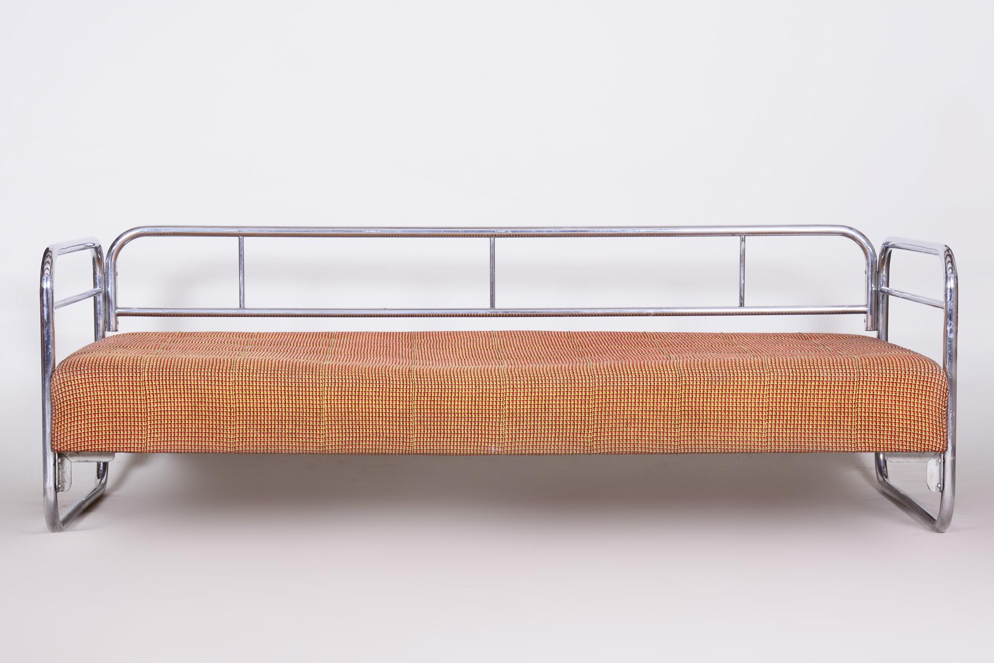 Czech Bauhaus Orange Tubular Chrome Sofa, Original Condition, 1930s In Good Condition In Horomerice, CZ