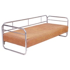 Czech Bauhaus Orange Tubular Chrome Sofa, Original Condition, 1930s