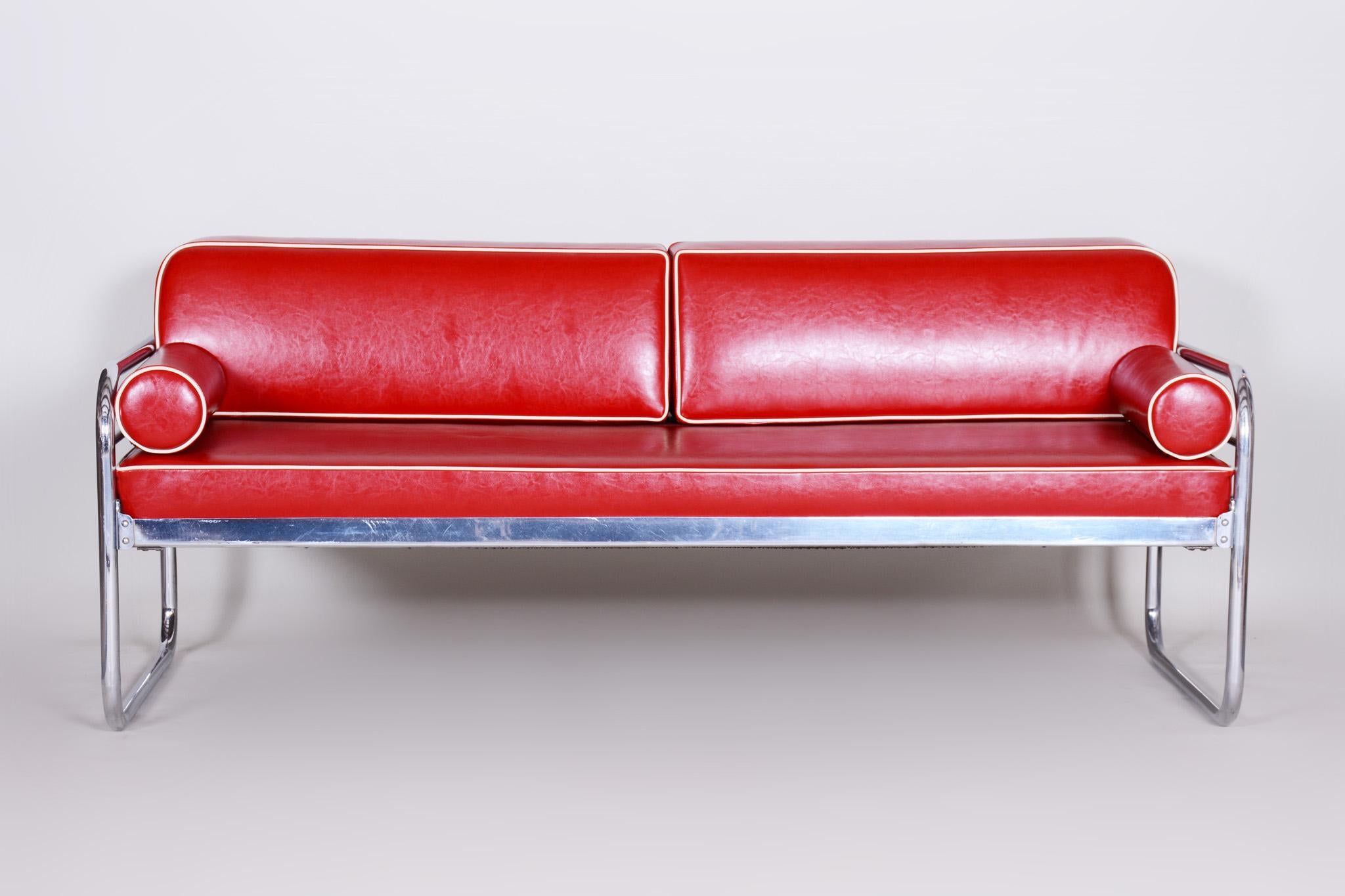 Tschechisches Bauhaus-Sofa aus Chromrotem röhrenförmigem Chrom von Hynek Gottwald, neu gepolstert, 1930er Jahre (20. Jahrhundert) im Angebot