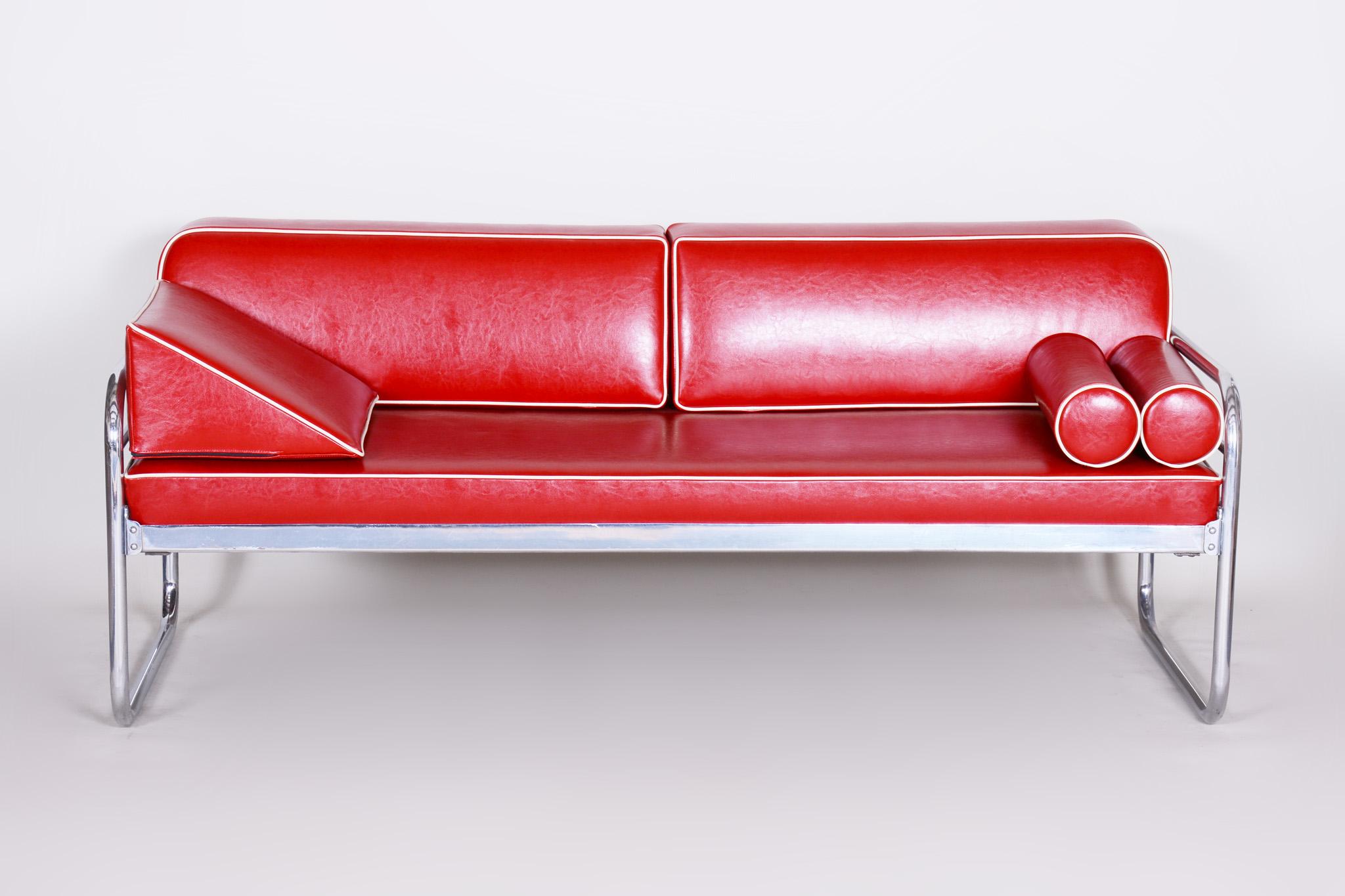 Tschechisches Bauhaus-Sofa aus Chromrotem röhrenförmigem Chrom von Hynek Gottwald, neu gepolstert, 1930er Jahre (Leder) im Angebot