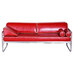 Antique Czech Bauhaus Red Tubular Chrome Sofa by Hynek Gottwald, New Upholstery, 1930s