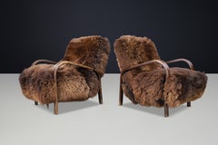 Czech Bentwood Armchairs by Kozelka & Kropáček, Texel Sheepskin, 1940s