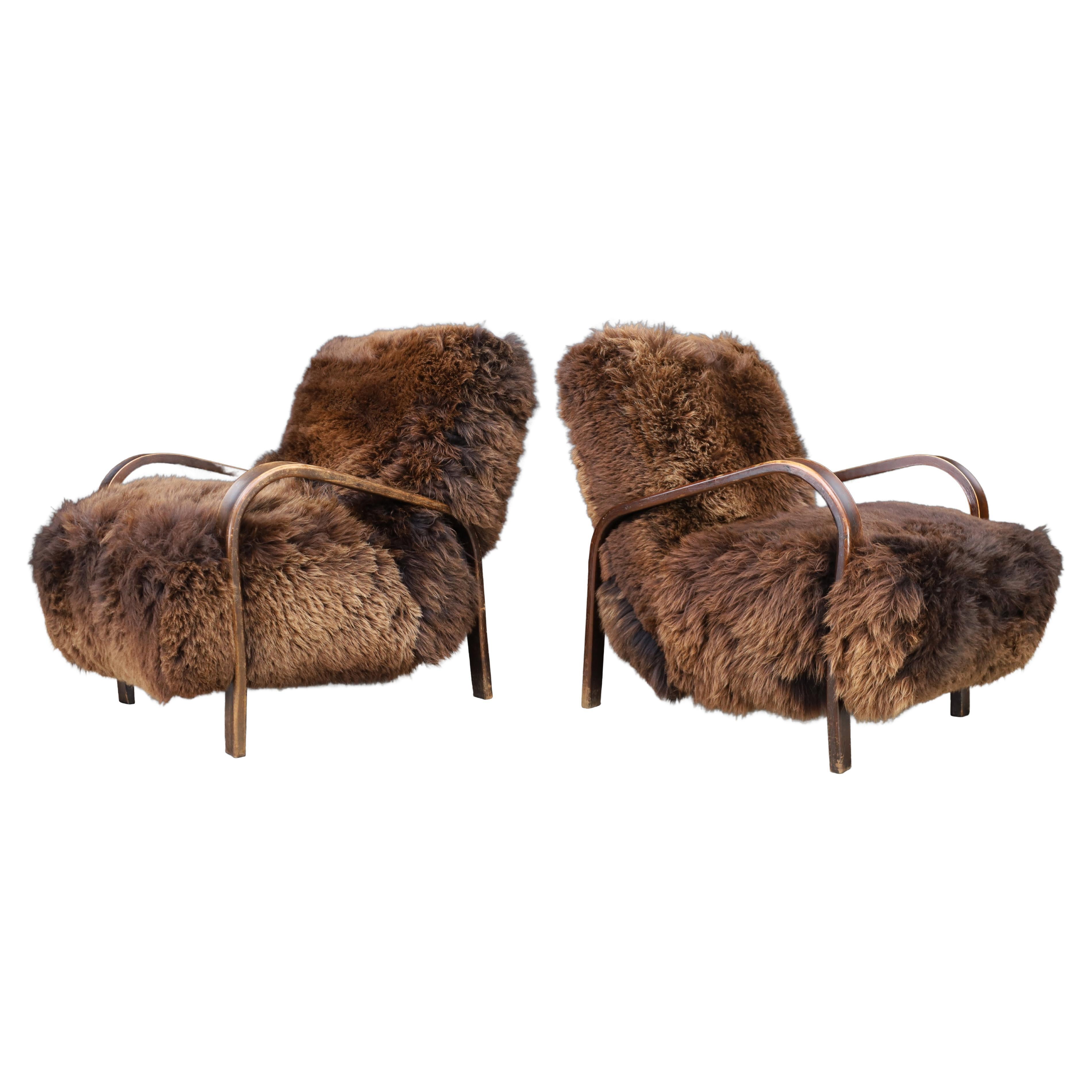 Czech Bentwood Armchairs by Kozelka & Kropáček, Texel Sheepskin, 1940s