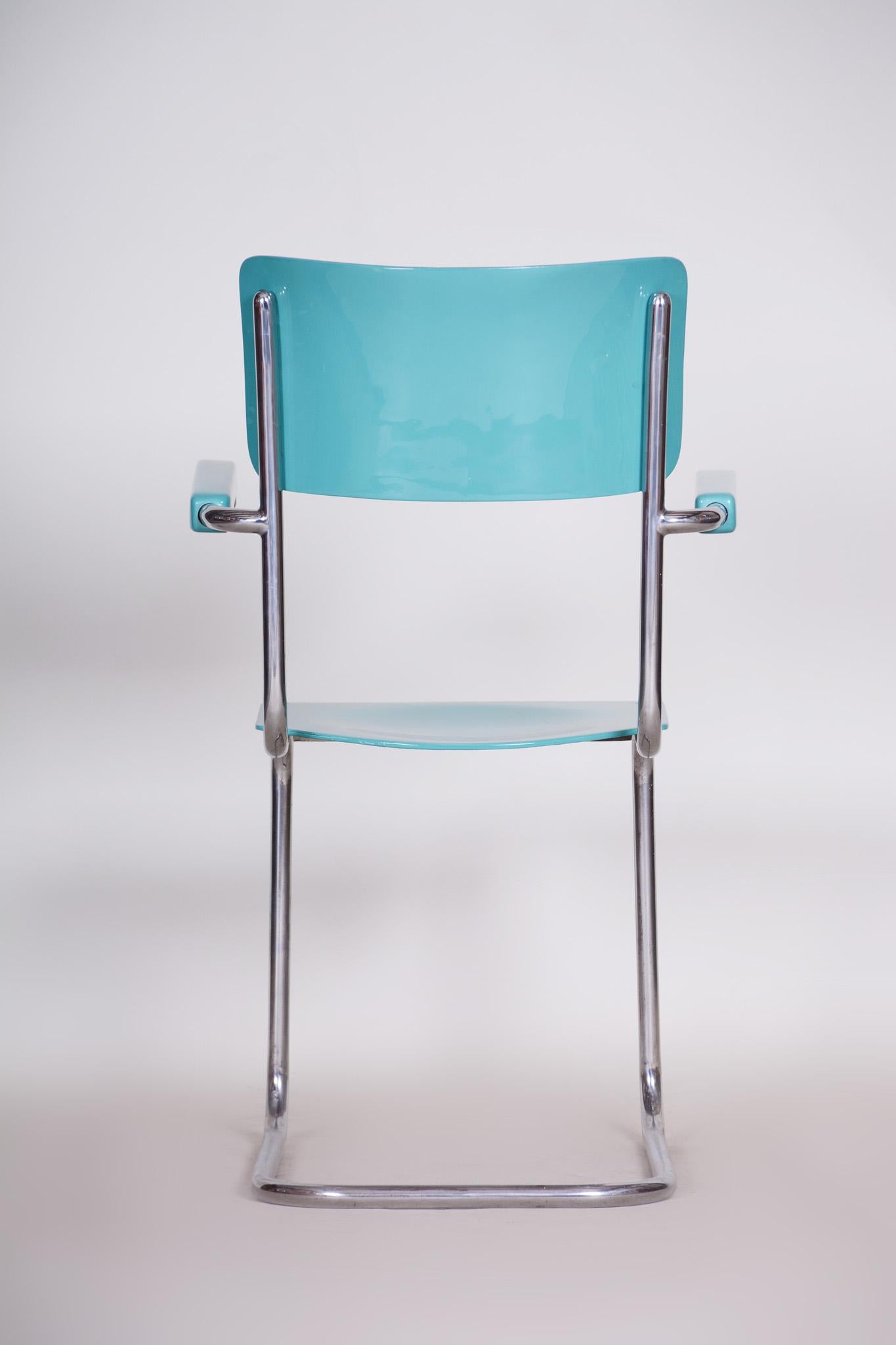 Czech Bleu Beech Bauhaus Armchair, Vichr a Spol., Chrome, High Gloss, 1930s For Sale 6