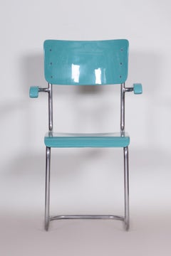 Czech Bleu Beech Bauhaus Armchair, Vichr a Spol., Chrome, High Gloss, 1930s