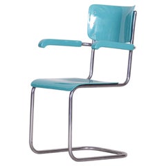 Czech Bleu Beech Bauhaus Armchair, Vichr a Spol., Chrome, High Gloss, 1930s
