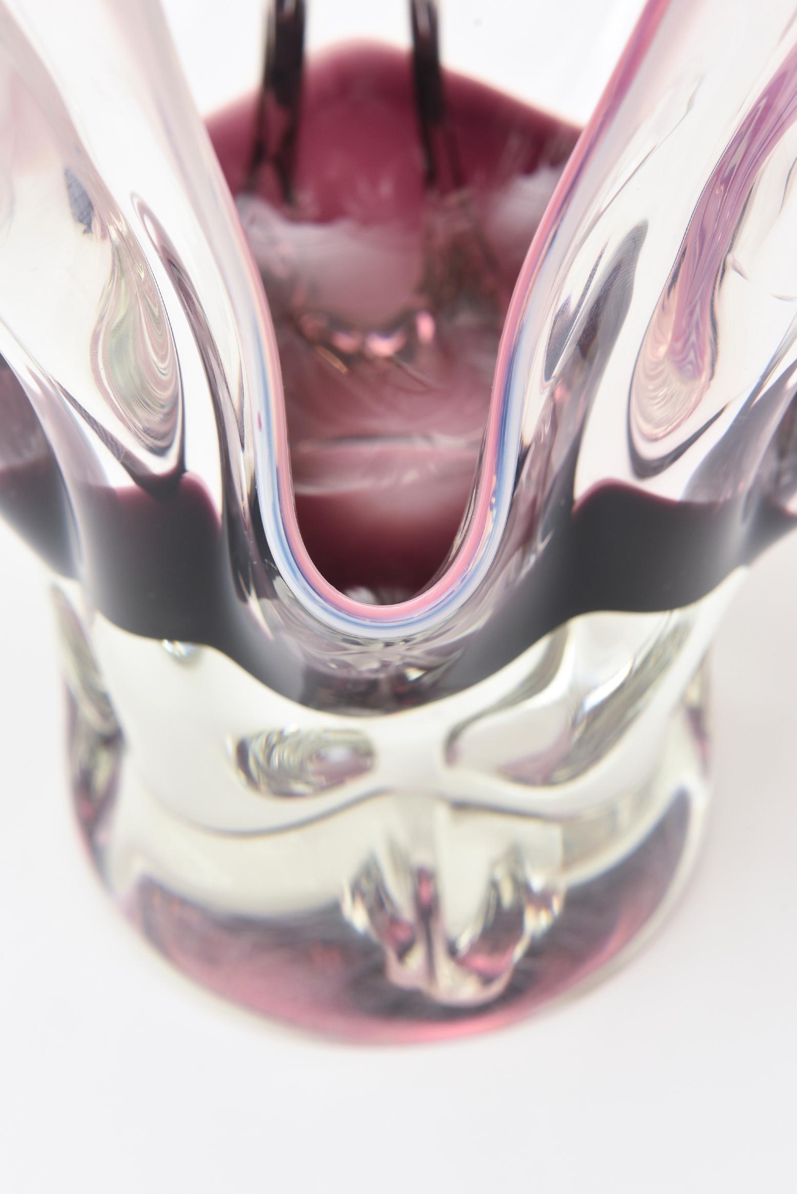 Czech Bohemia Sommerso Glass Aubergine Purple Pink Tentacle Vase, 60's 5