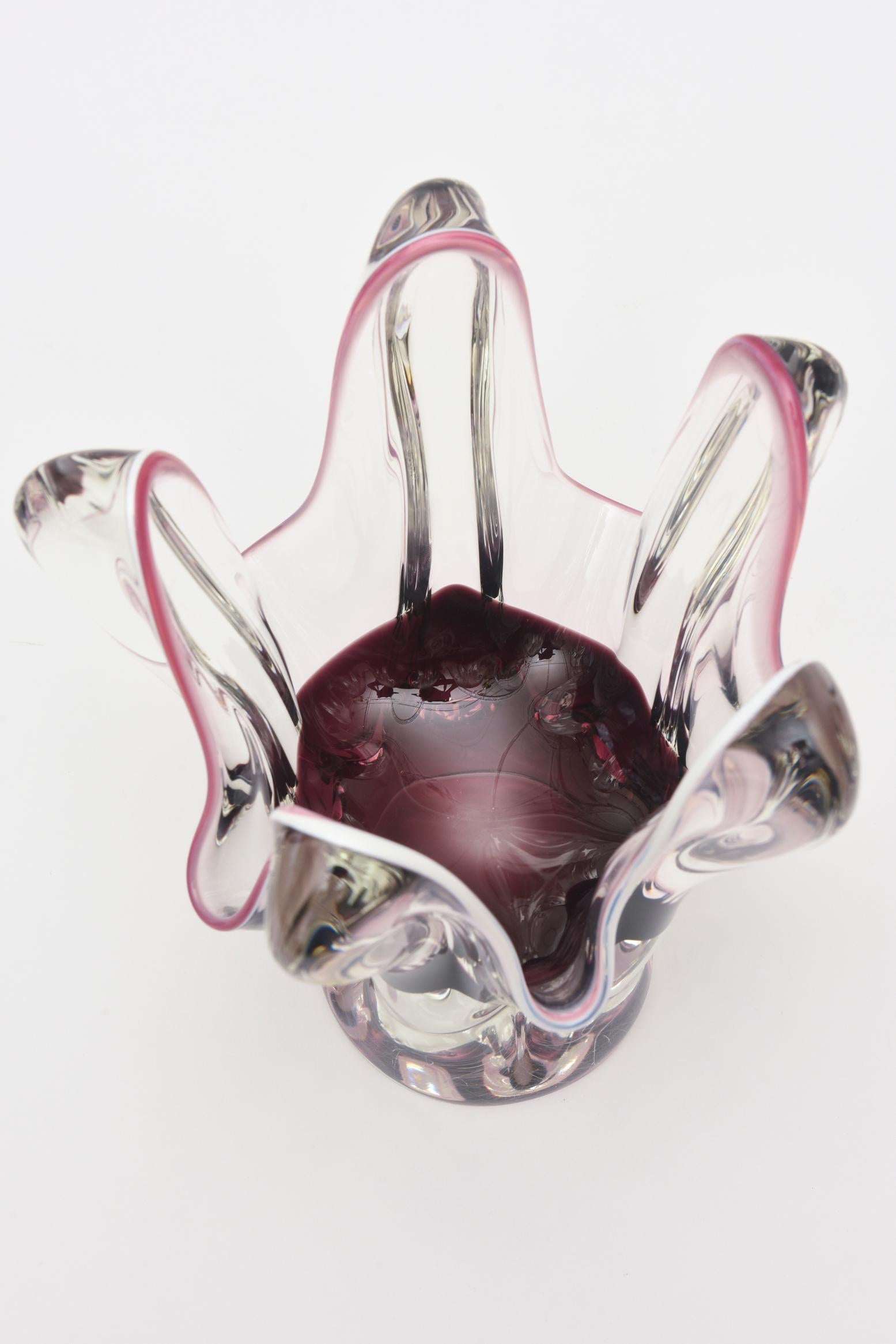 Modern Czech Bohemia Sommerso Glass Aubergine Purple Pink Tentacle Vase, 60's