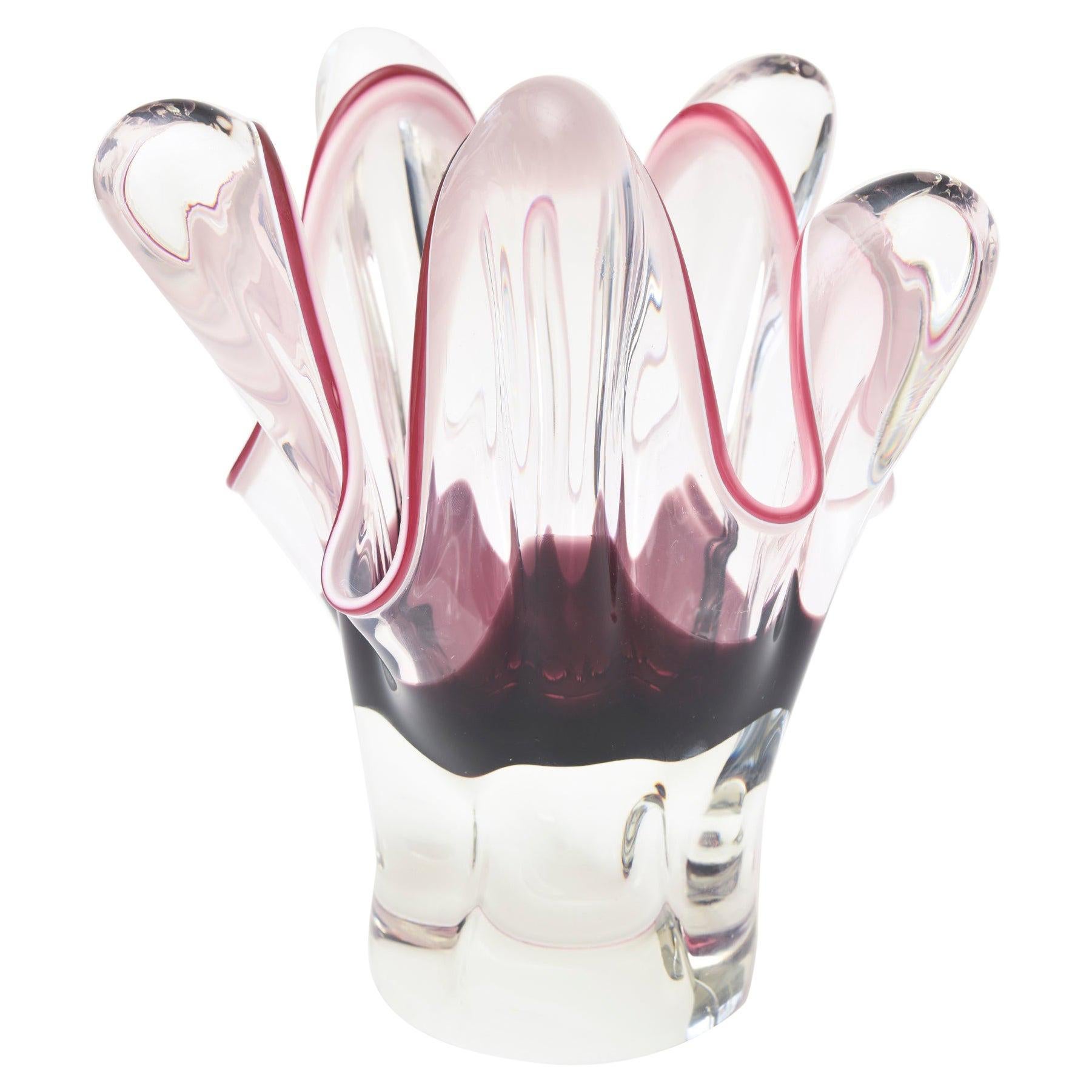 Czech Bohemia Sommerso Glass Aubergine Purple Pink Tentacle Vase, 60's