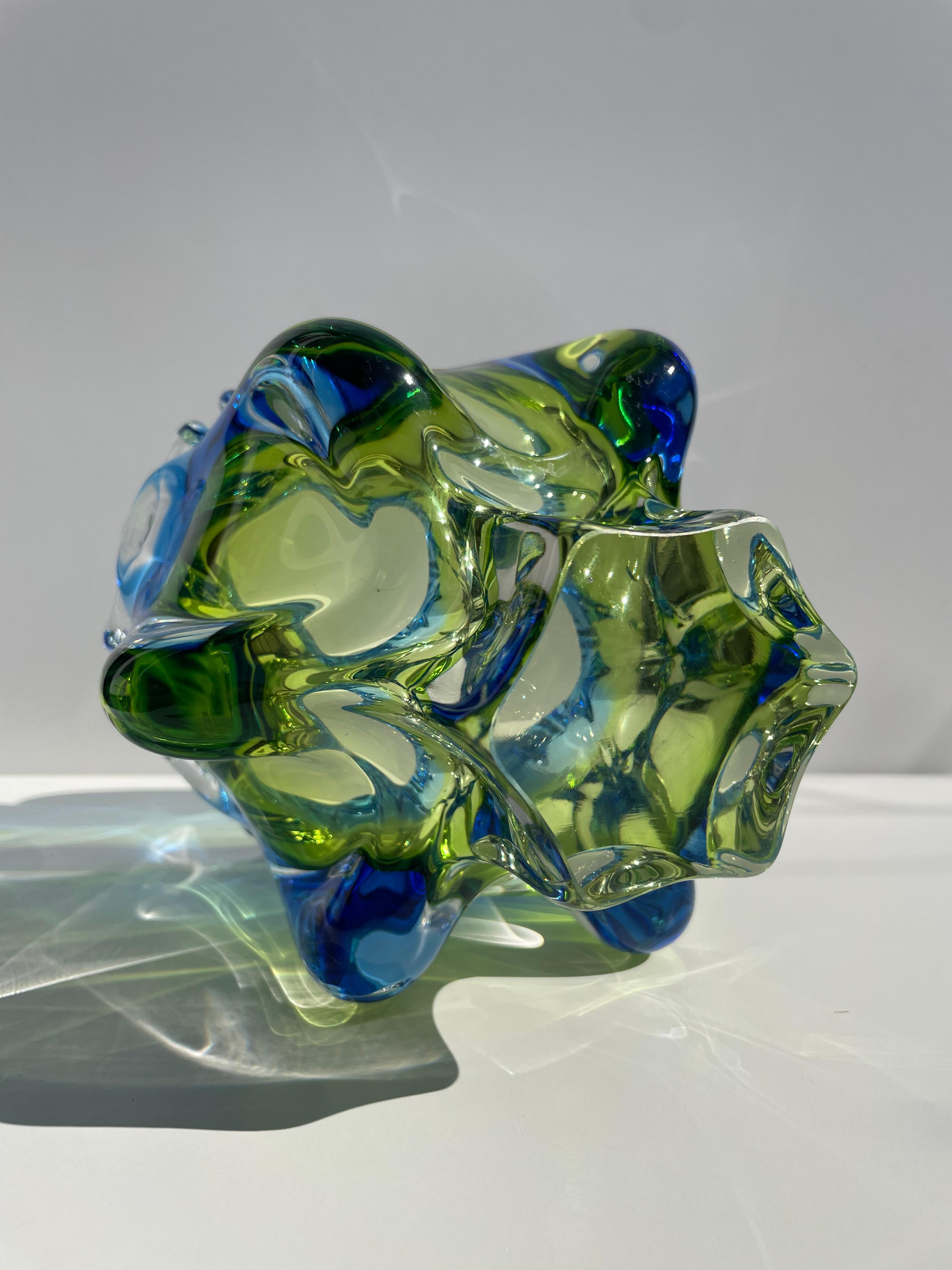 Vintage Czech Bohemia Blue Green Yellow Crystal Glass Vase, 1970s For Sale 5