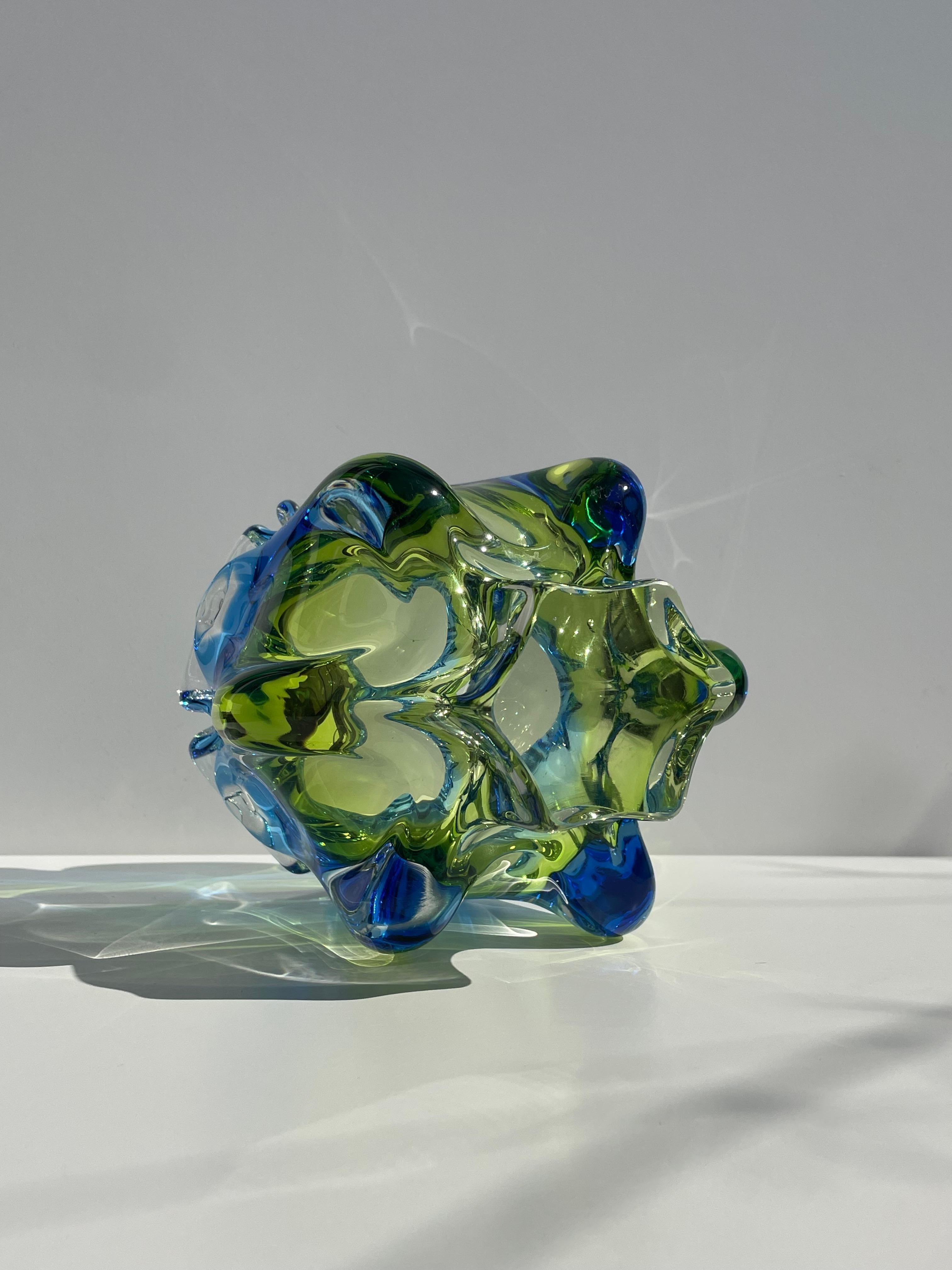 Vintage Czech Bohemia Blue Green Yellow Crystal Glass Vase, 1970s For Sale 6