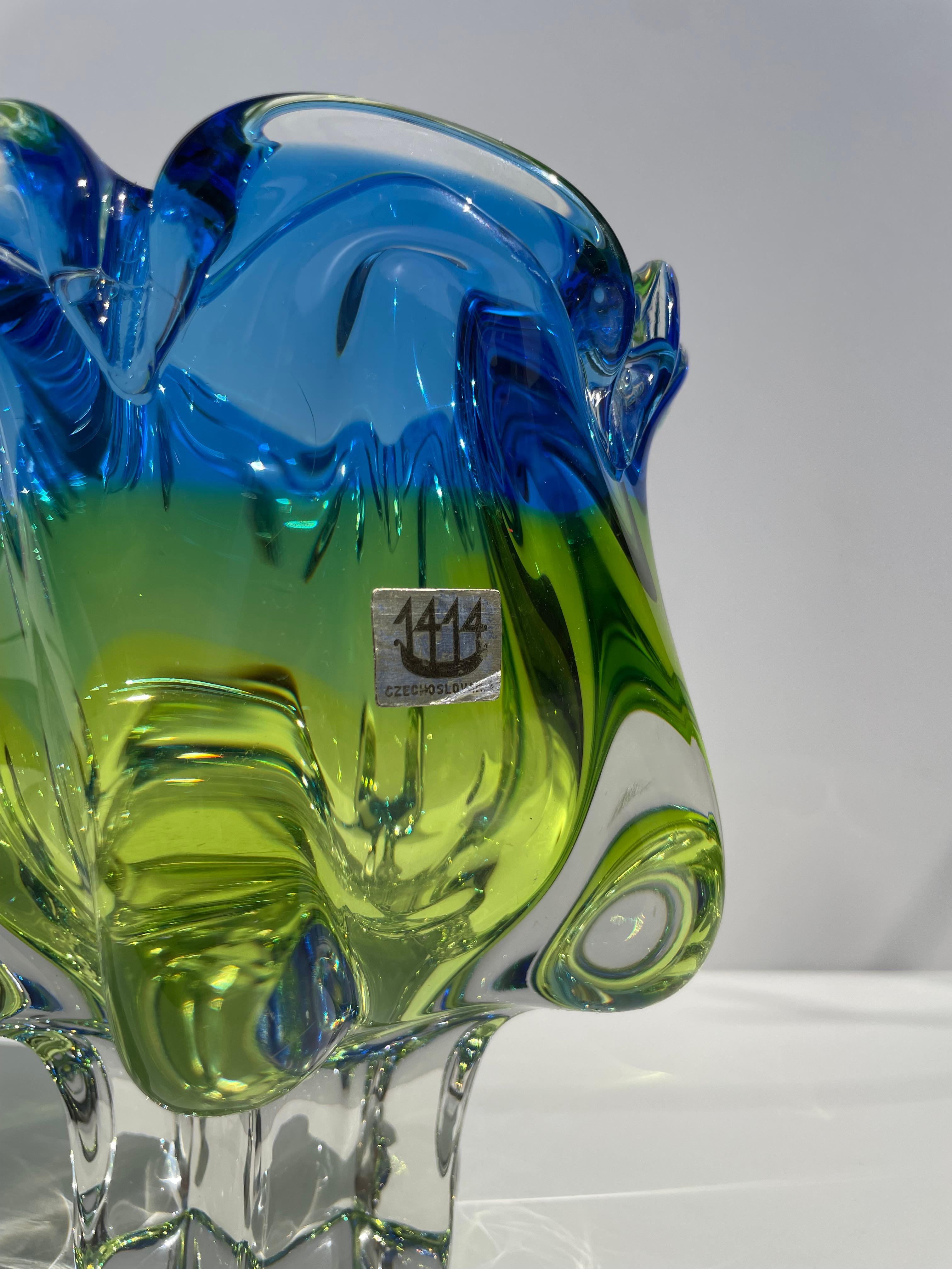 Vintage Czech Bohemia Blue Green Yellow Crystal Glass Vase, 1970s For Sale 8