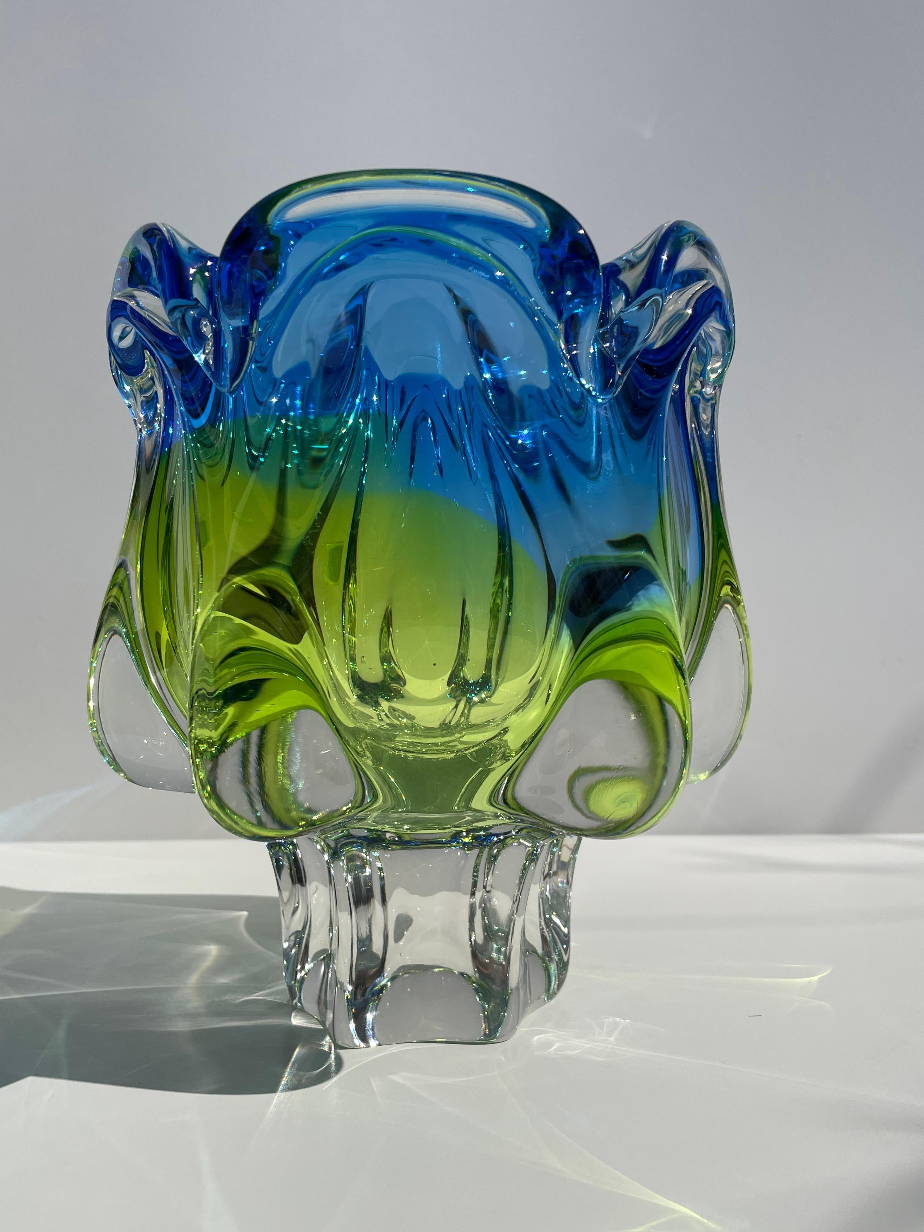 Mid-Century Modern Vintage Czech Bohemia Blue Green Yellow Crystal Glass Vase, 1970s For Sale