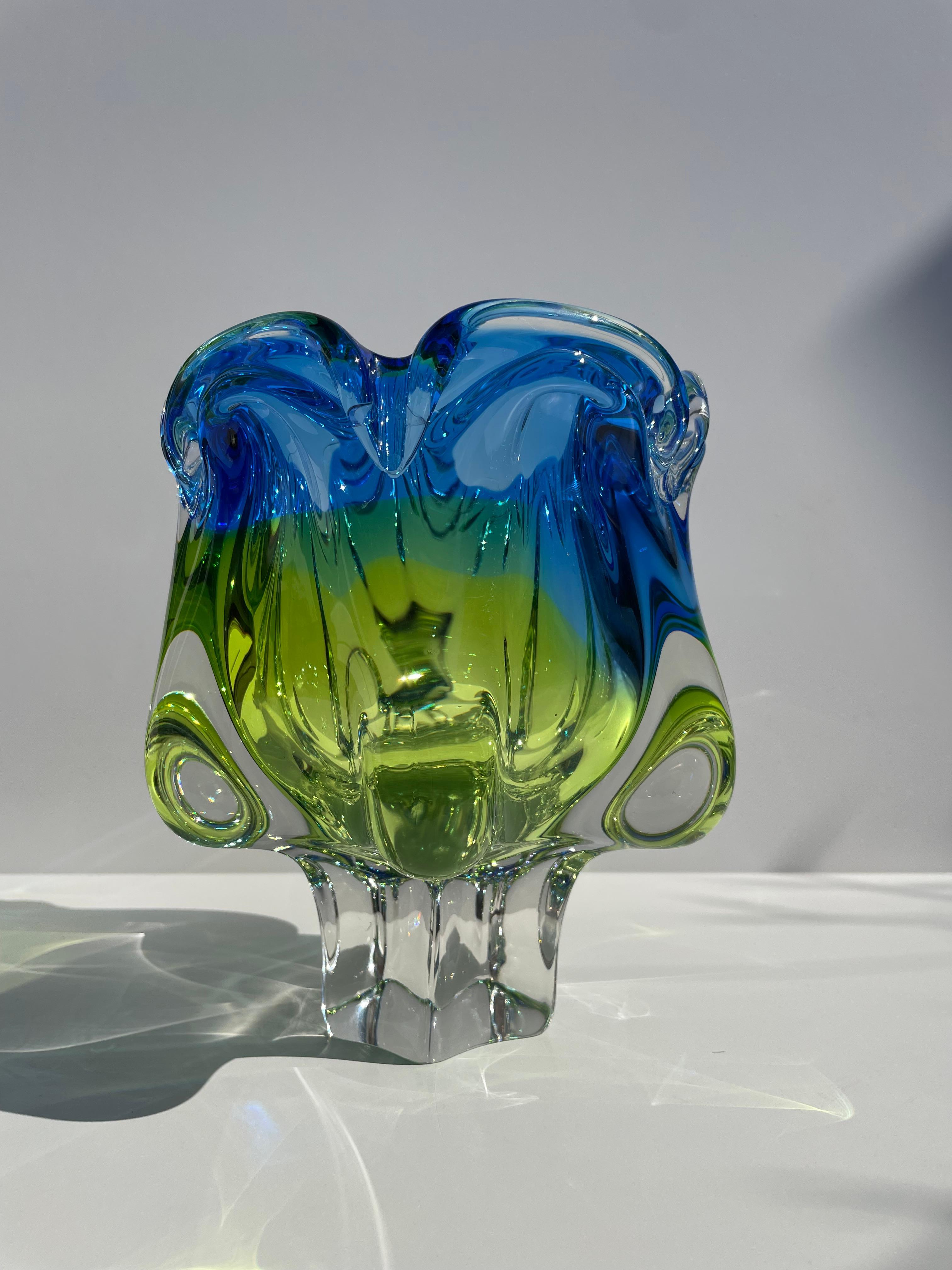 Hand-Crafted Vintage Czech Bohemia Blue Green Yellow Crystal Glass Vase, 1970s For Sale