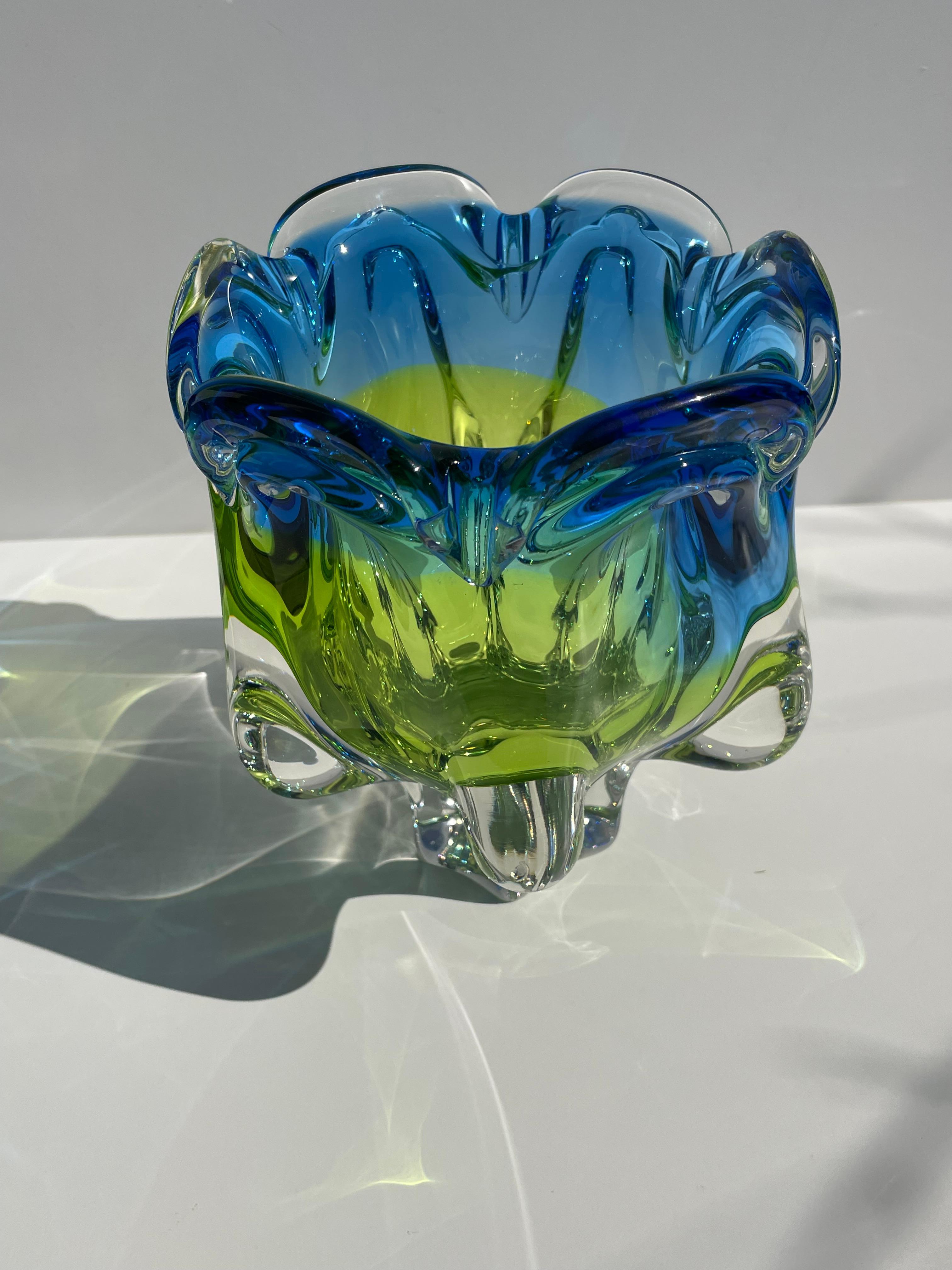 Vintage Czech Bohemia Blue Green Yellow Crystal Glass Vase, 1970s In Good Condition For Sale In Copenhagen, DK