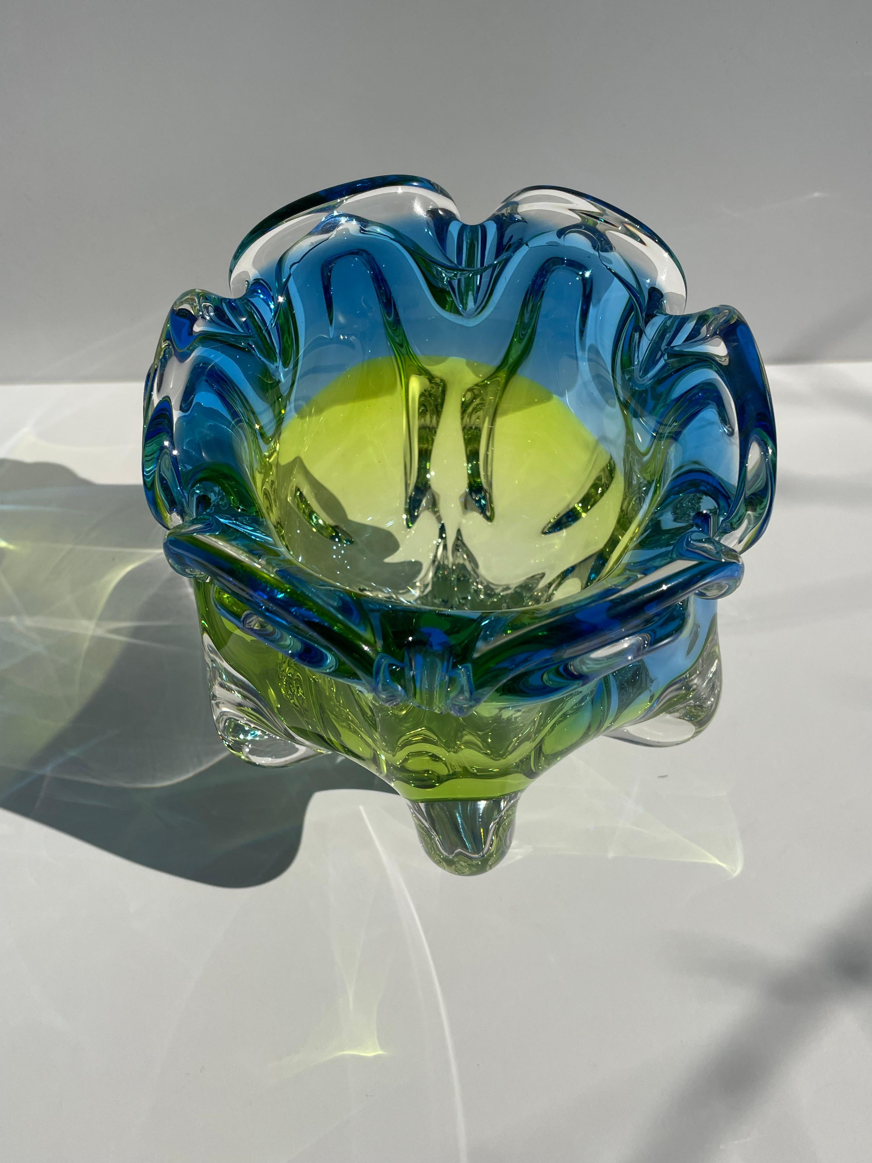20th Century Vintage Czech Bohemia Blue Green Yellow Crystal Glass Vase, 1970s For Sale