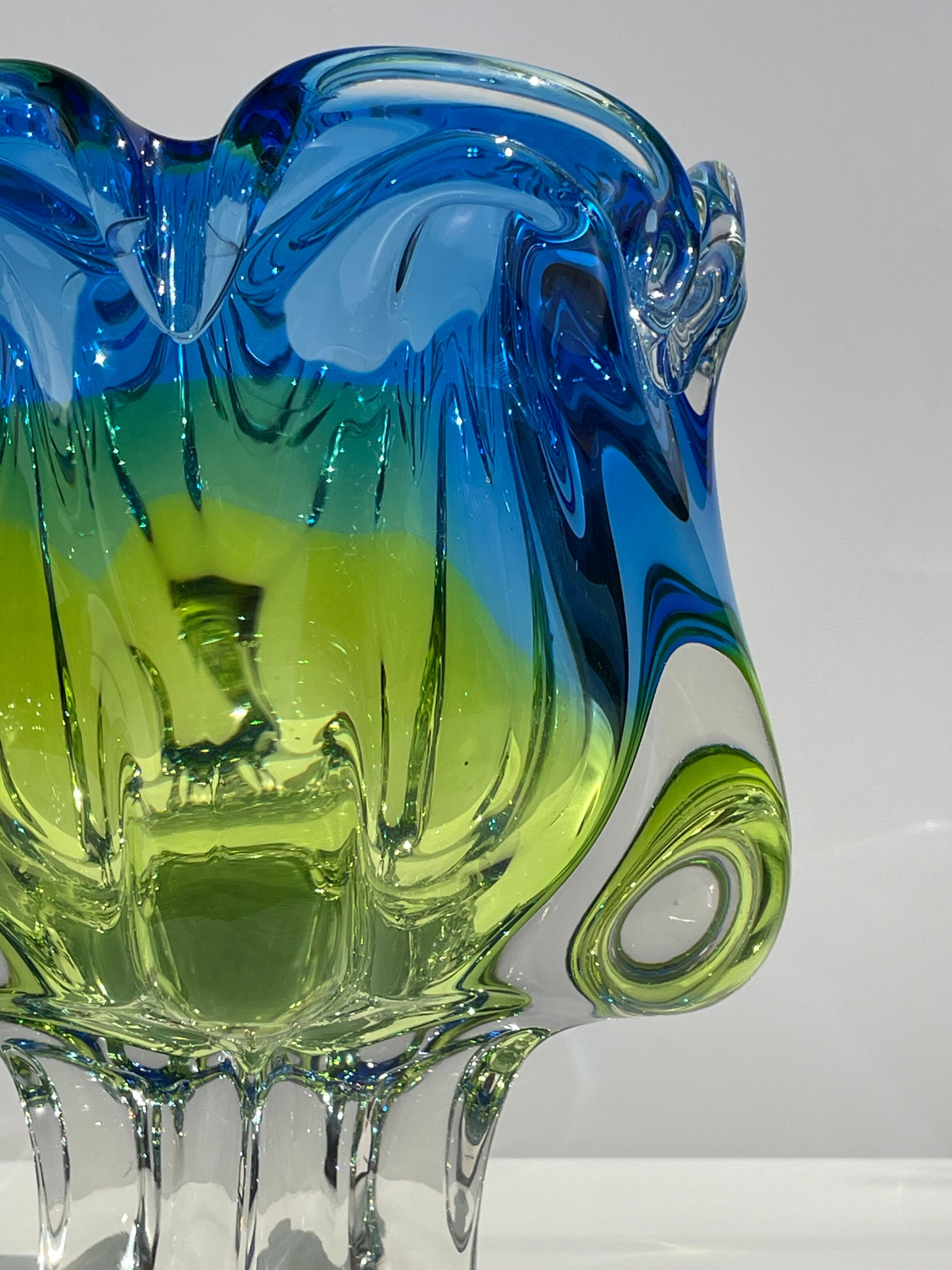Vintage Czech Bohemia Blue Green Yellow Crystal Glass Vase, 1970s For Sale 2
