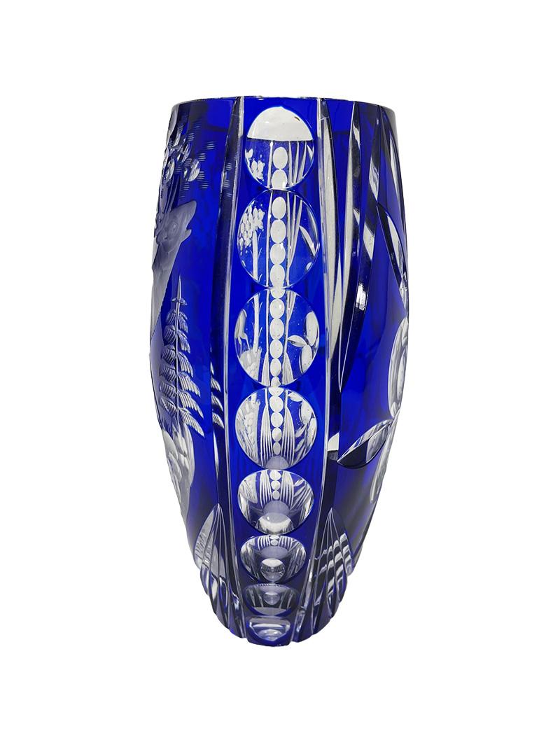 20th Century Czech Bohemian blue cut to clear crystal vase, 1980s