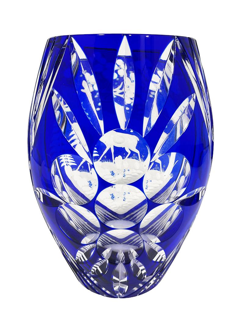 Crystal Czech Bohemian blue cut to clear crystal vase, 1980s