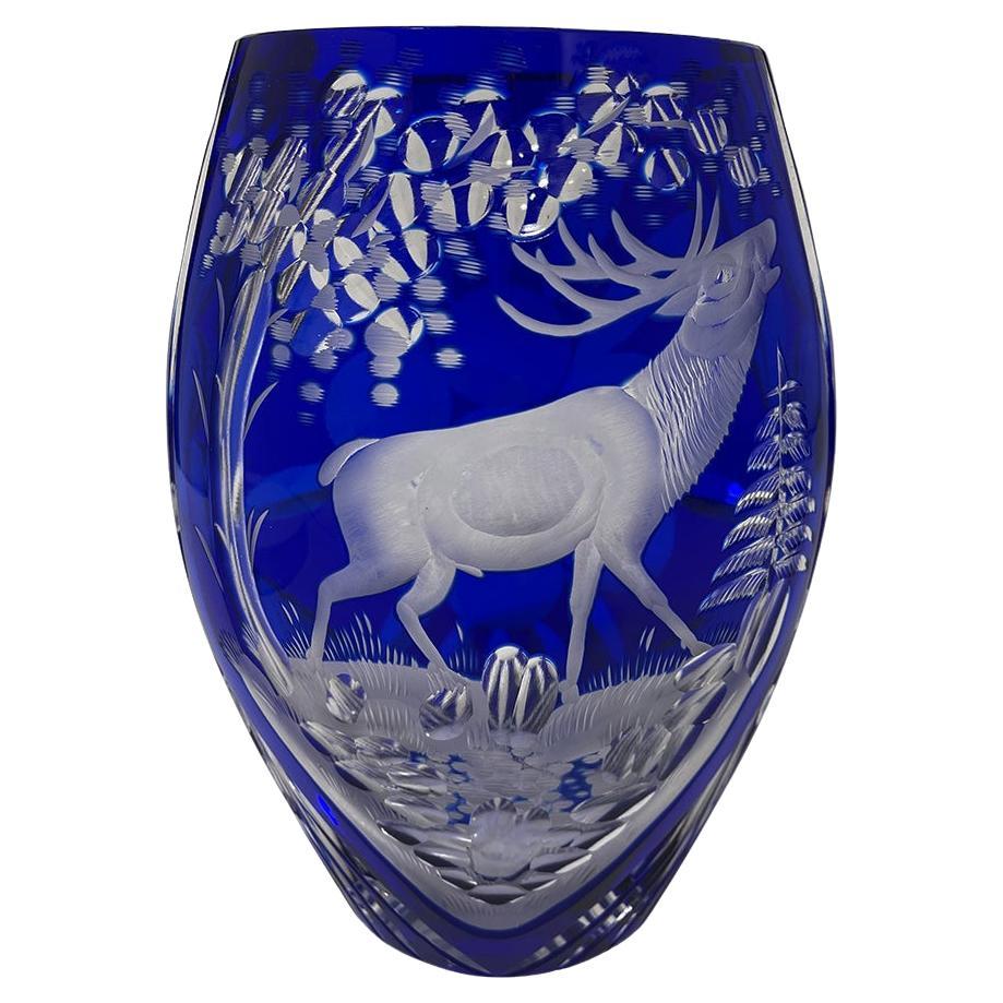 Czech Bohemian blue cut to clear crystal vase, 1980s
