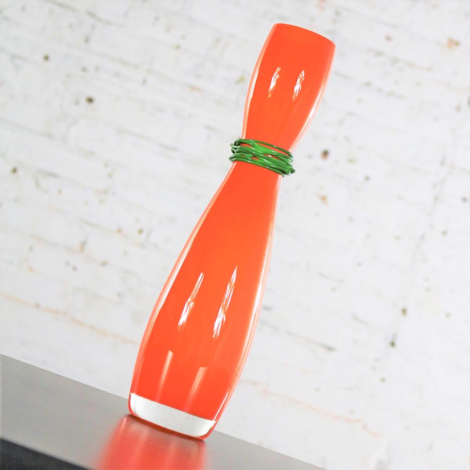 Modern Czech Bohemian Hourglass Glass Vase by Rony Plesl in Orange and Green Signed