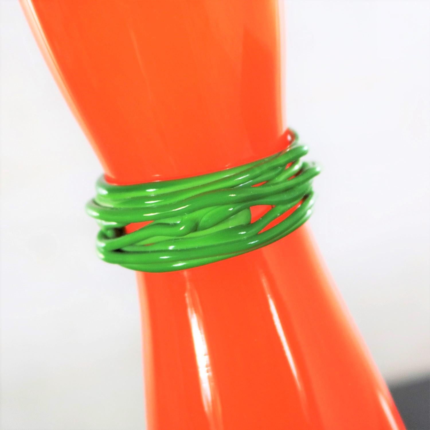 Art Glass Czech Bohemian Hourglass Glass Vase by Rony Plesl in Orange and Green Signed