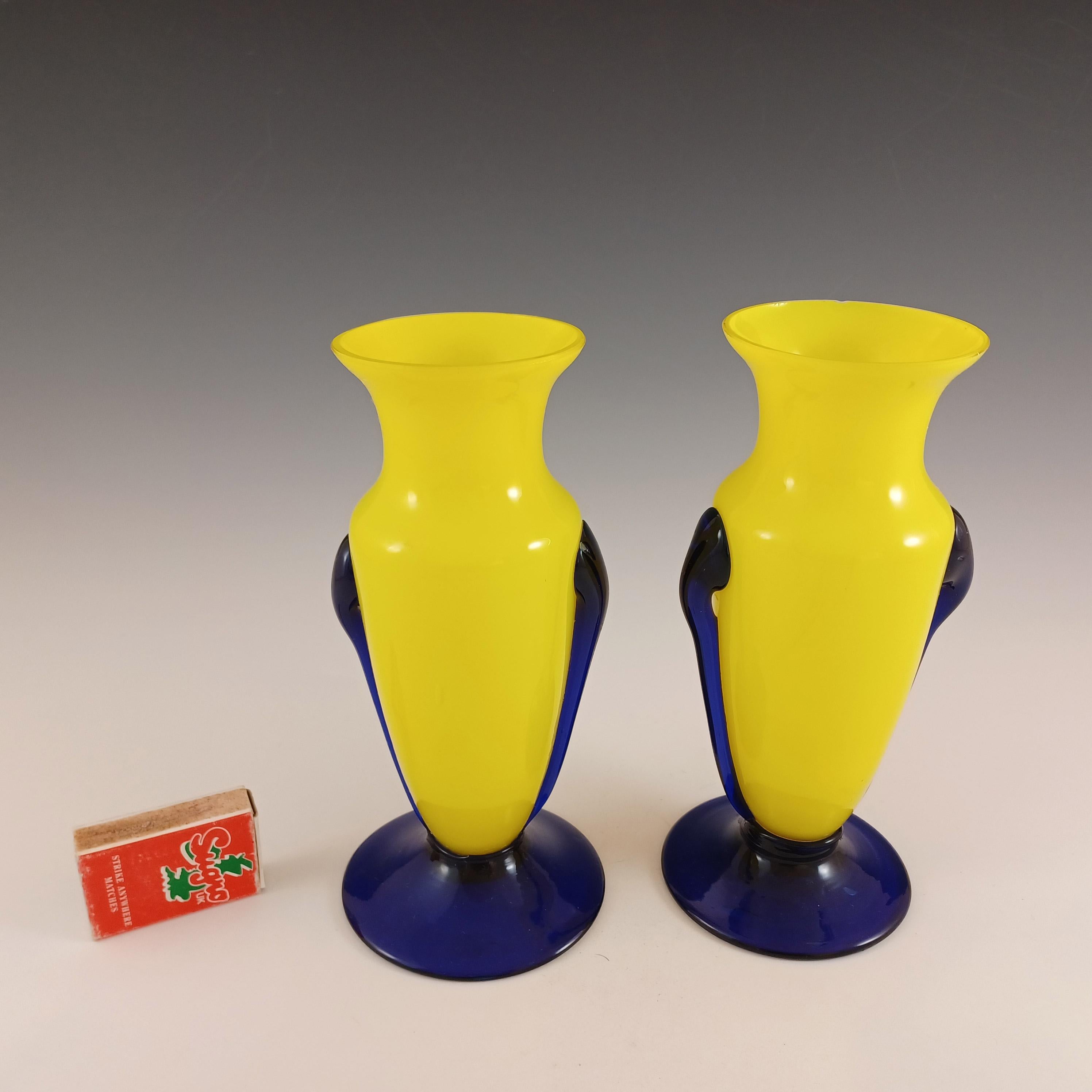 Czech / Bohemian Pair of Yellow & Blue Tango Glass Vases For Sale 4