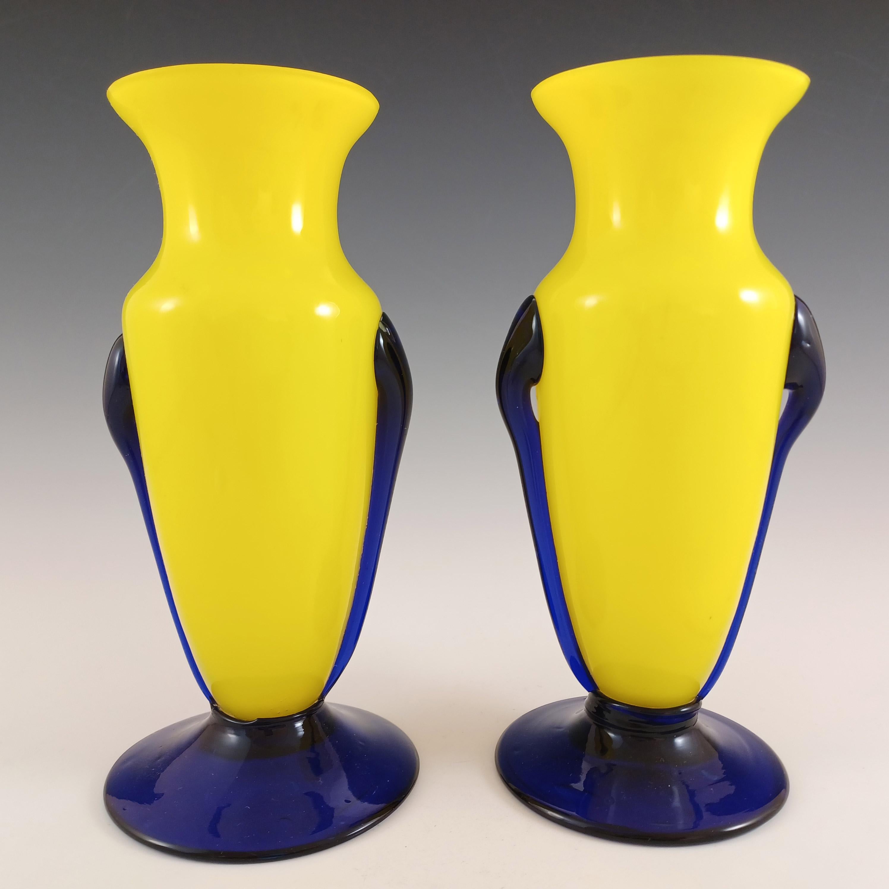 A superb pair of 1930's Czech/Bohemian bright yellow blown glass vases with applied dark blue glass bases and side lobes. Probably by Welz or Kralik. Known as 