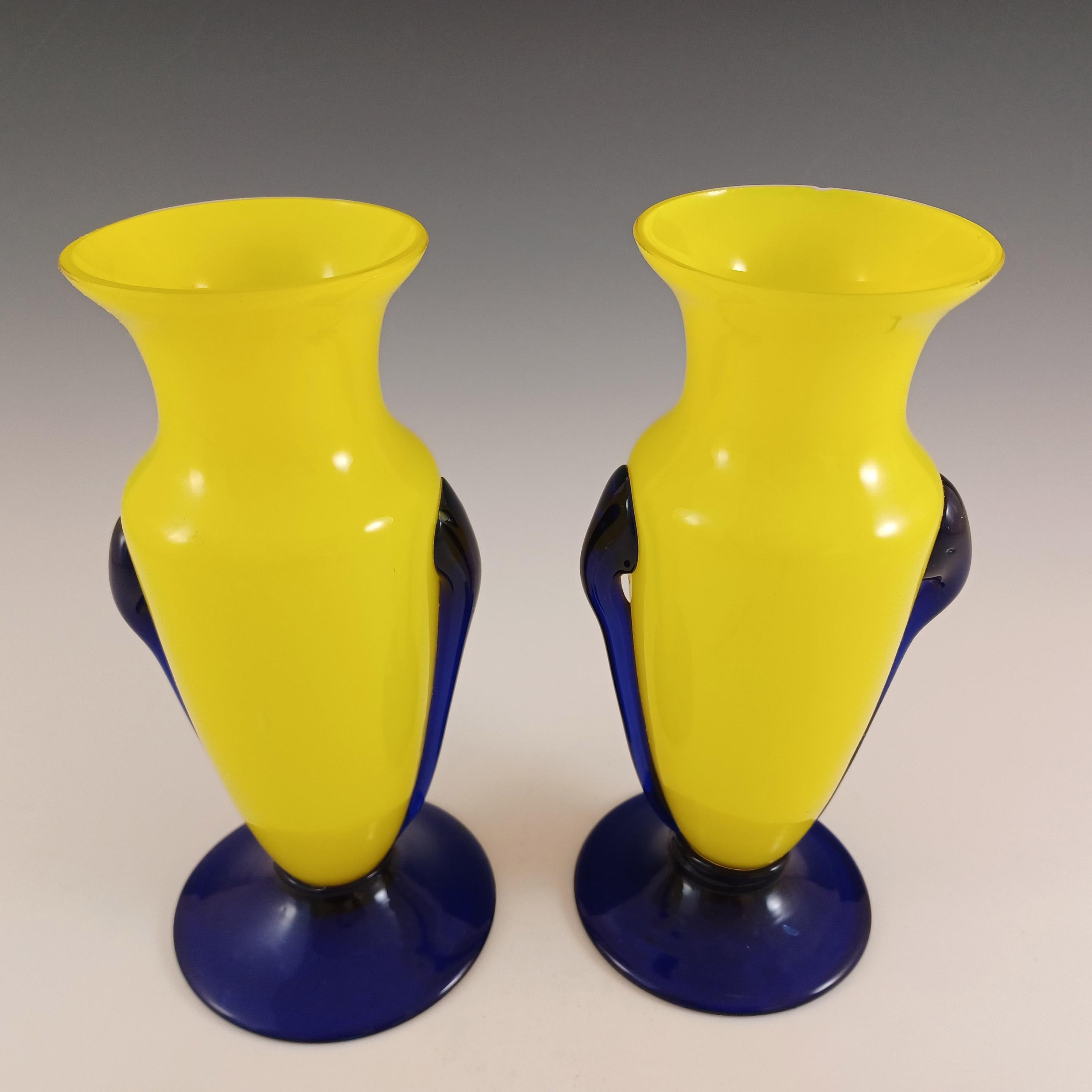 Art Deco Czech / Bohemian Pair of Yellow & Blue Tango Glass Vases For Sale