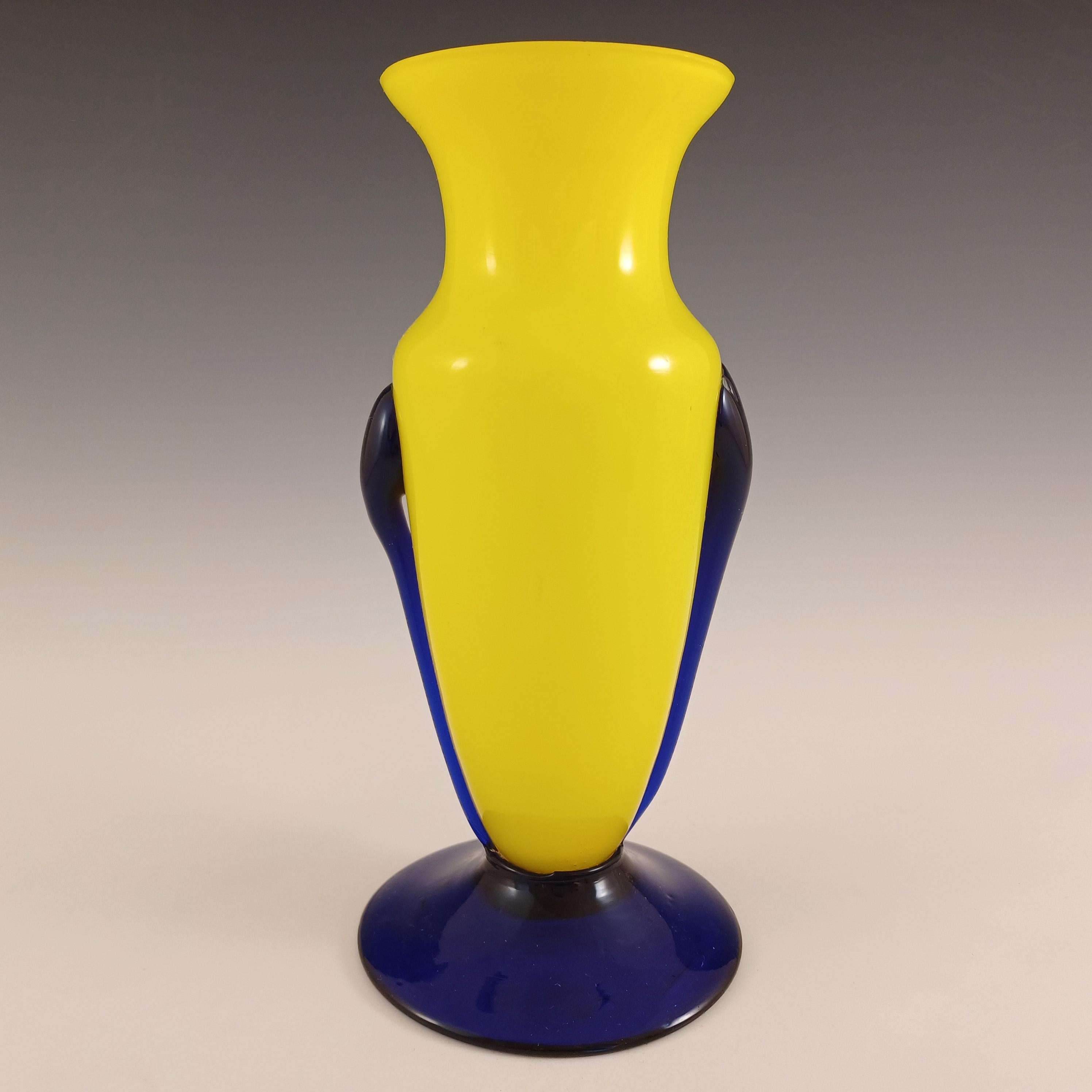Hand-Crafted Czech / Bohemian Pair of Yellow & Blue Tango Glass Vases For Sale