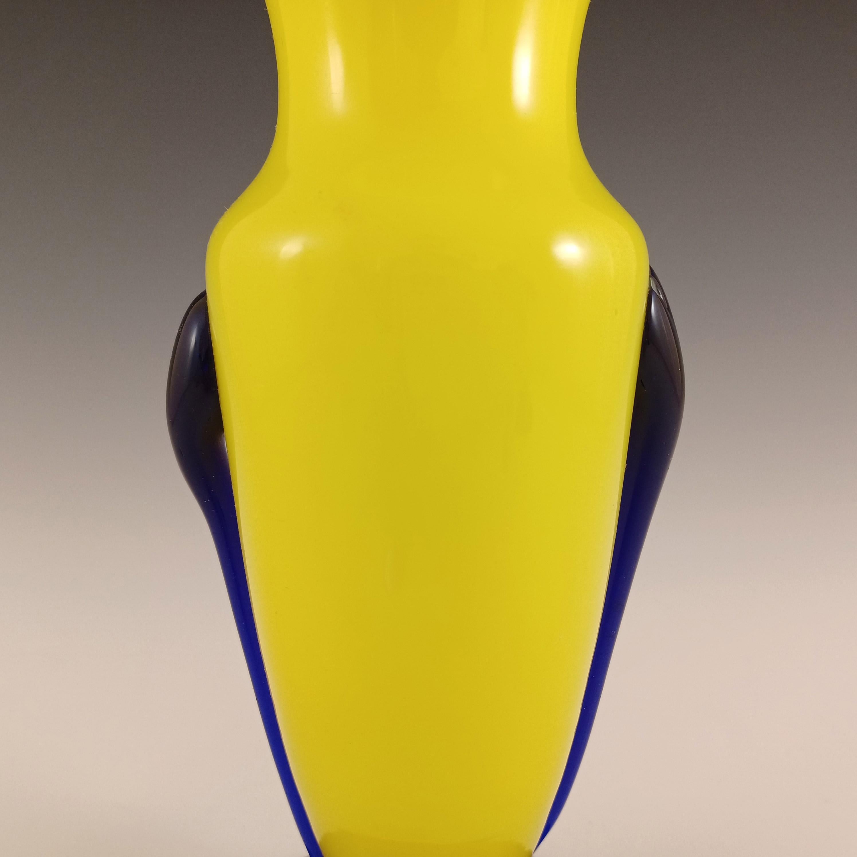 Mid-20th Century Czech / Bohemian Pair of Yellow & Blue Tango Glass Vases For Sale