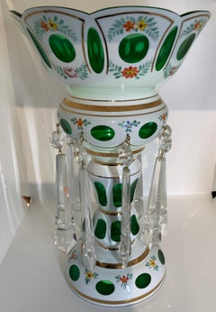 Czech Bohemian White Cut to Green Glass Hand Painted Mantel Pair of Lusters