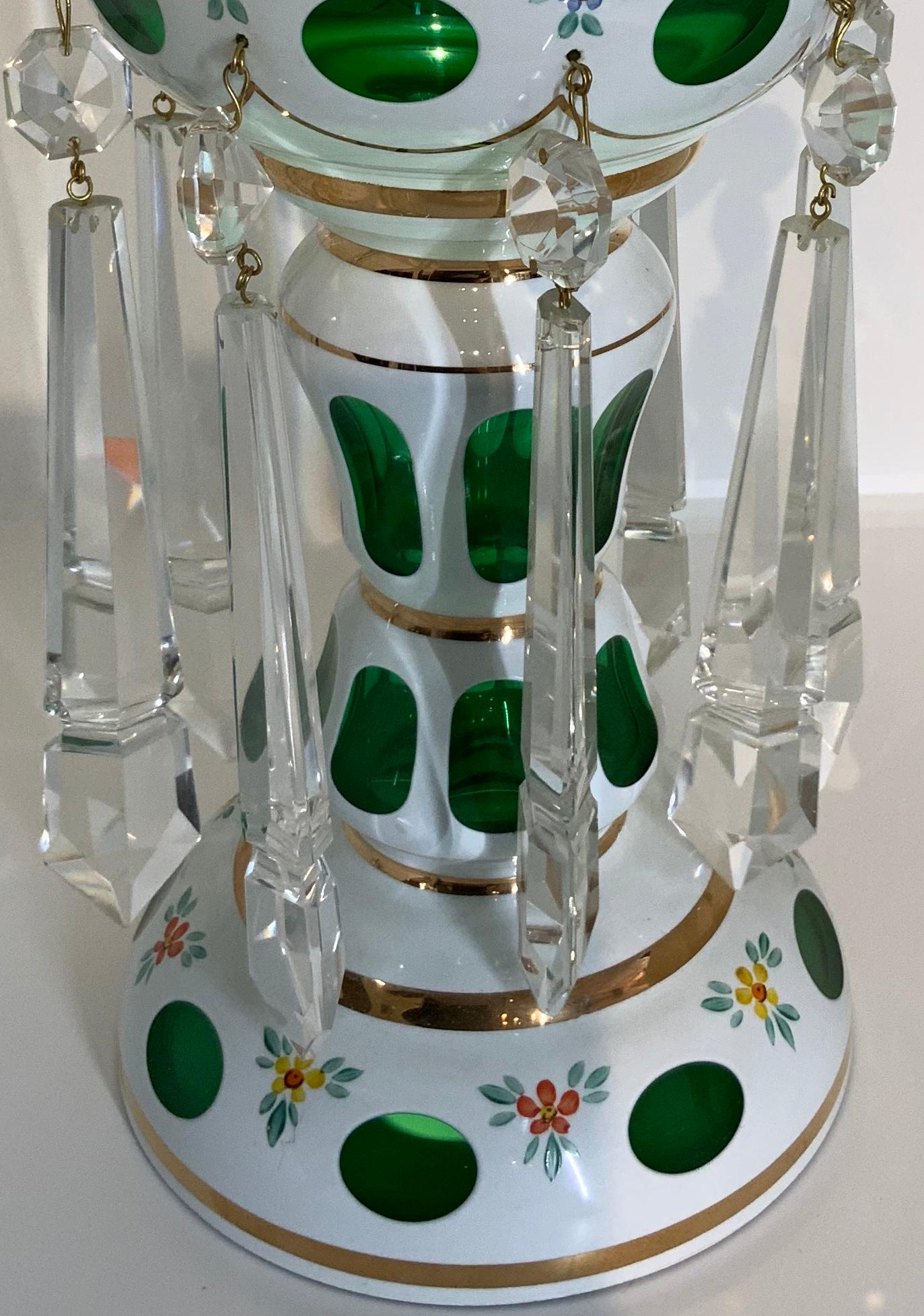 Cut Glass Czech Bohemian White Cut to Green Glass Hand Painted Mantel Pair of Lusters