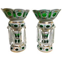 Czech Bohemian White Cut to Green Glass Hand Painted Mantel Pair of Lusters