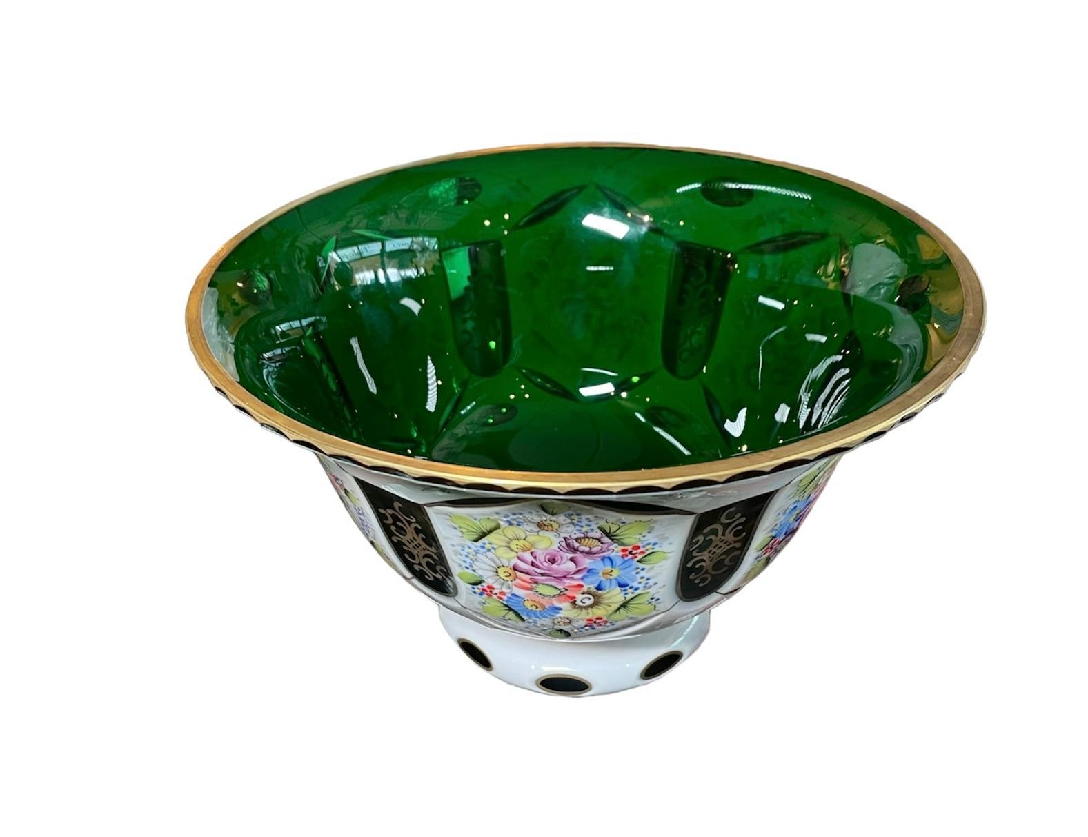 Cut Glass Czech Bohemian White Cut to Green Glass Hand Painted Vase For Sale