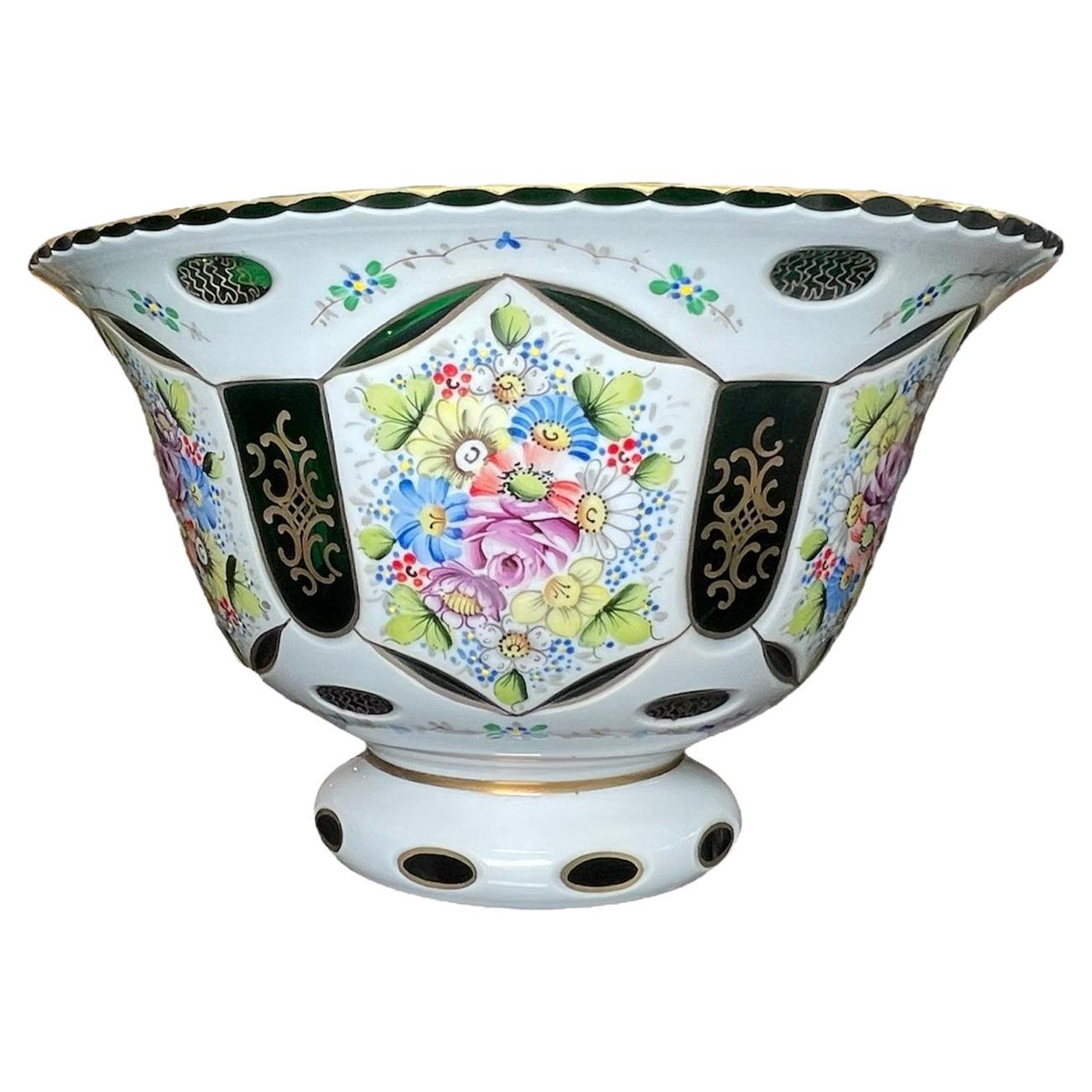 Czech Bohemian White Cut to Green Glass Hand Painted Vase For Sale