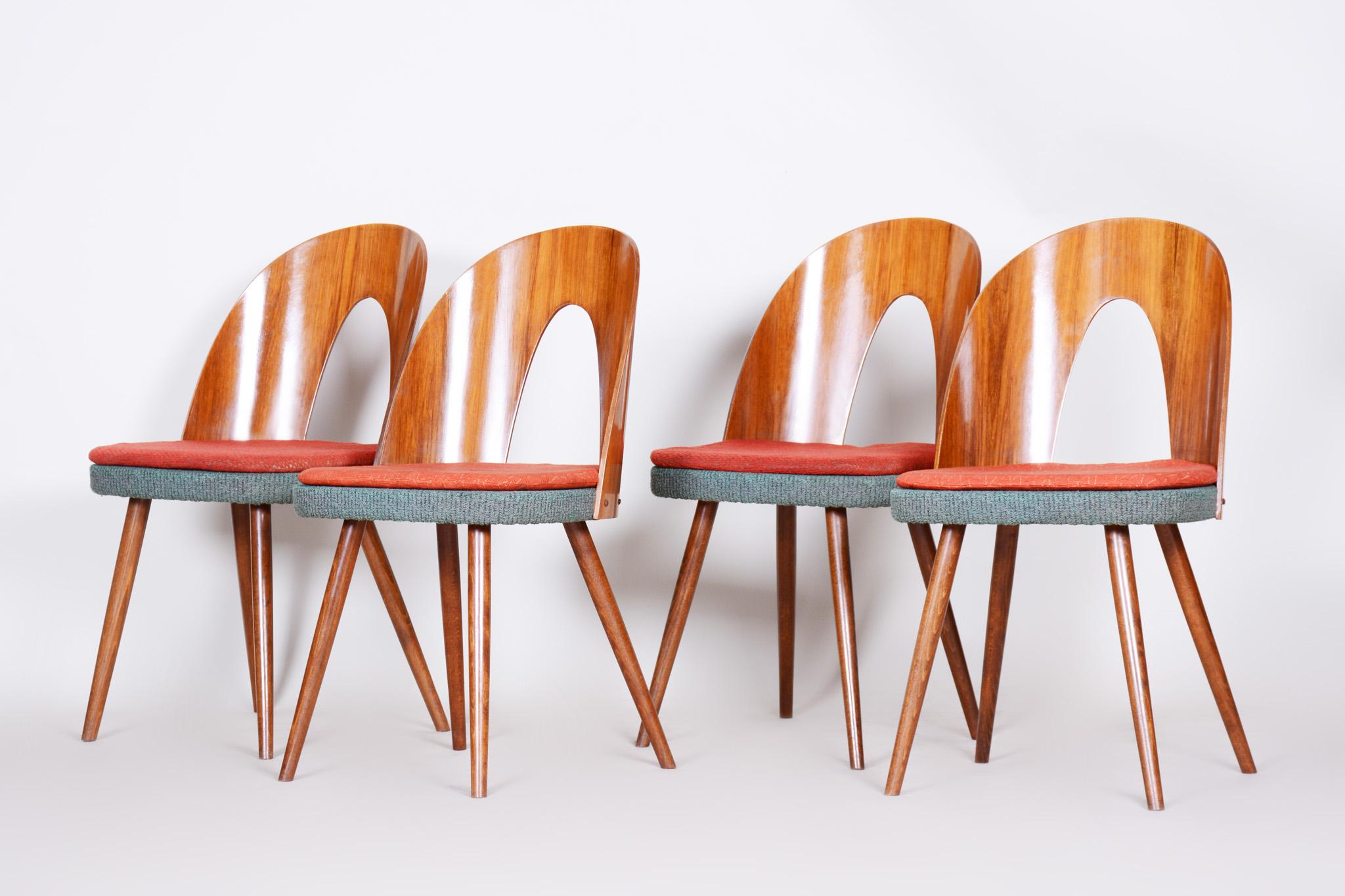 Mid-Century Modern Czech Brown and Red Walnut Chairs, 4 Pieces, Architect Antonín Šuman, 1950s