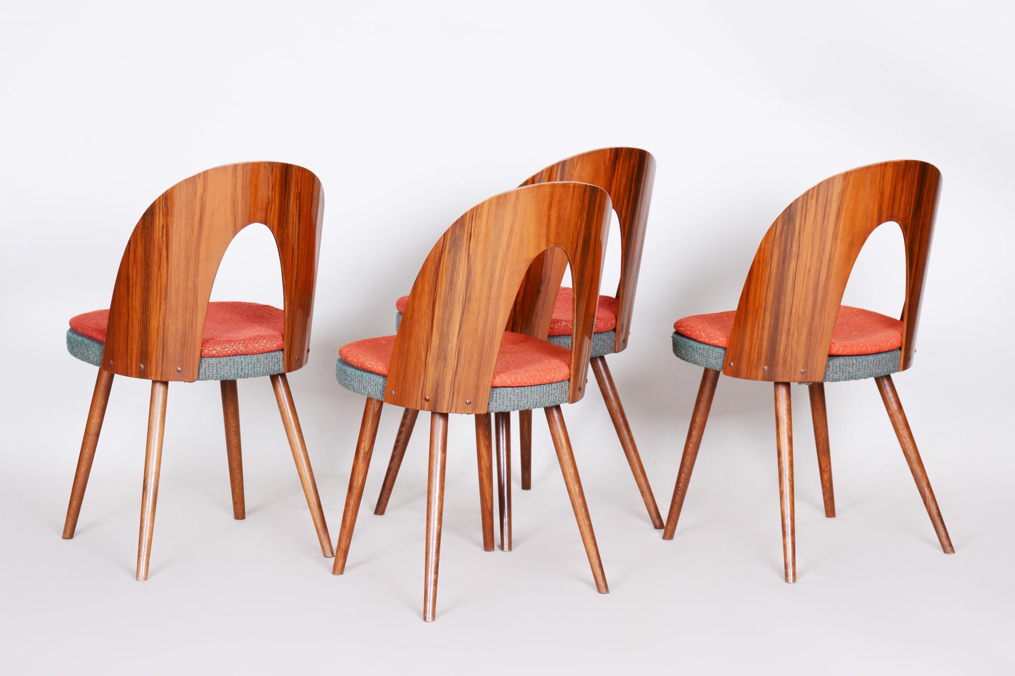20th Century Czech Brown and Red Walnut Chairs, 4 Pieces, Architect Antonín Šuman, 1950s