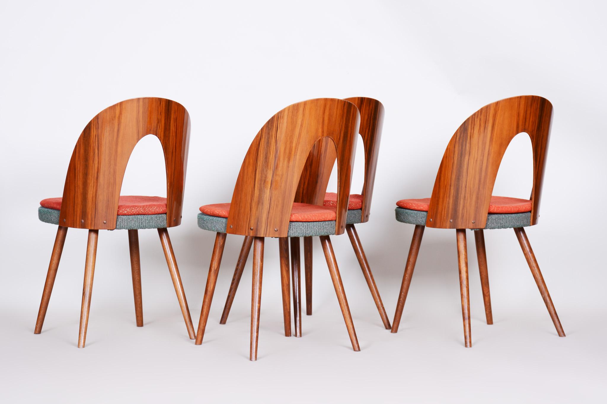 Fabric Czech Brown and Red Walnut Chairs, 4 Pieces, Architect Antonín Šuman, 1950s
